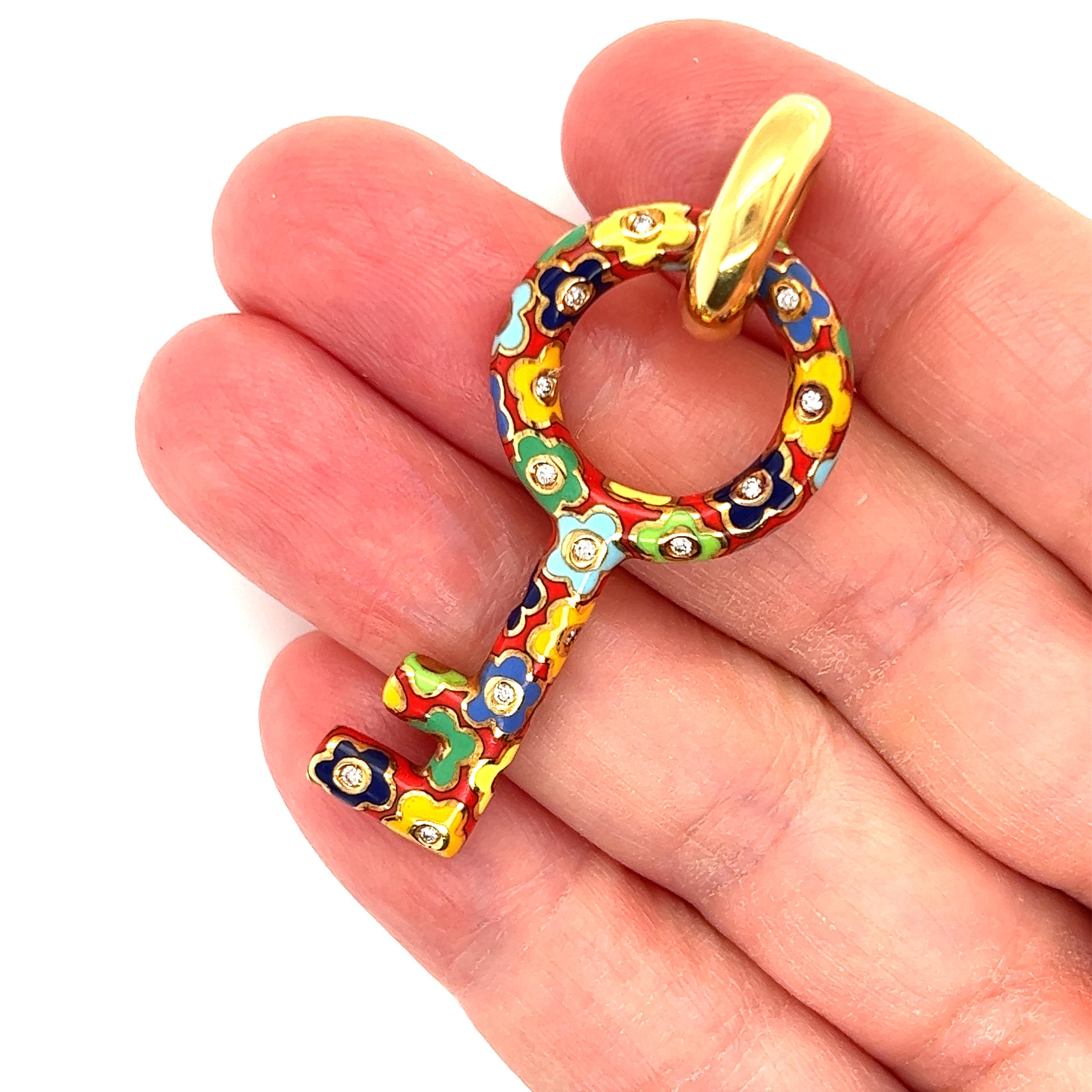 Modern Pasquale Bruni 18k Yellow Gold Diamond Enamel Floral Large Key Pendant