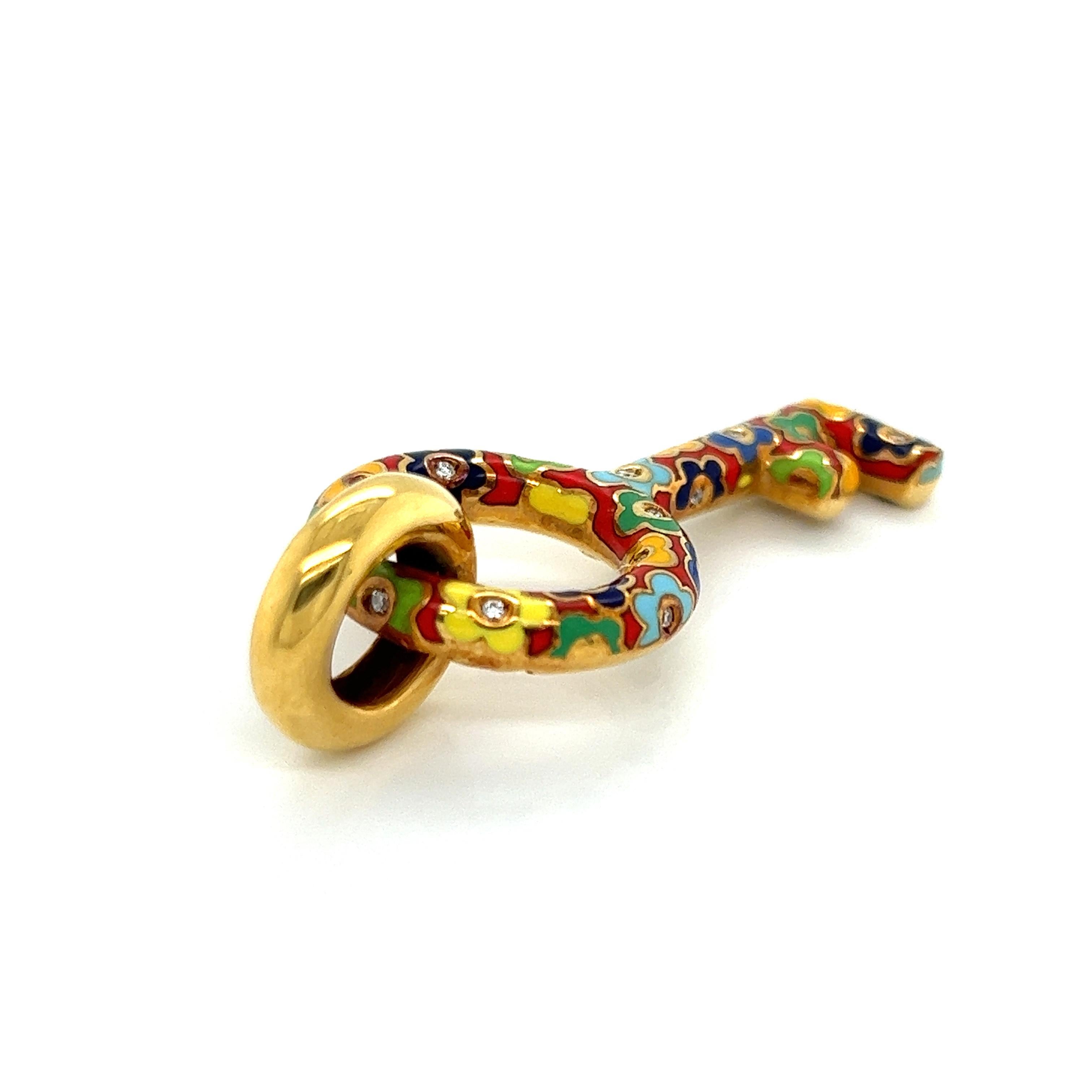 Brilliant Cut Pasquale Bruni 18k Yellow Gold Diamond Enamel Floral Large Key Pendant