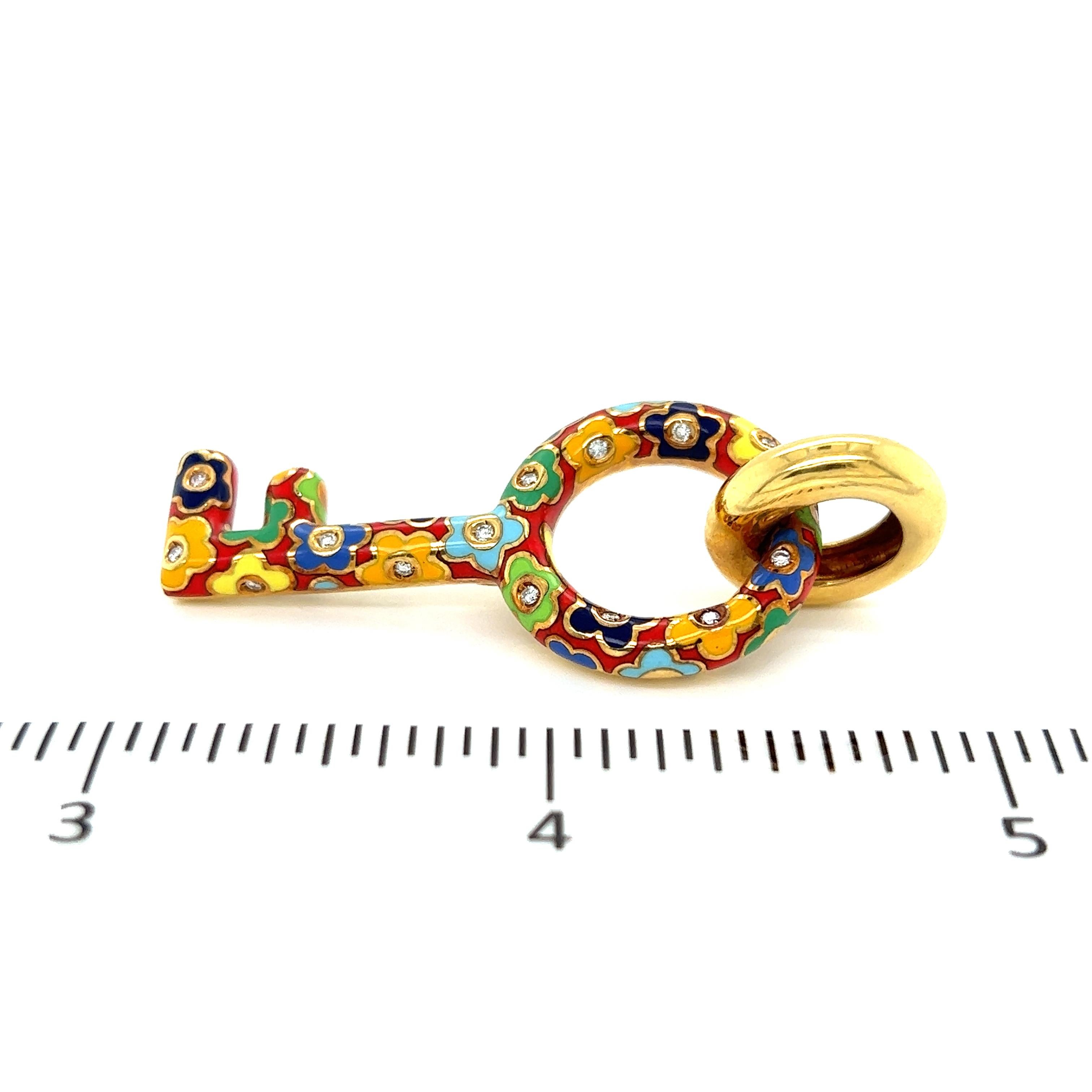 Pasquale Bruni 18k Yellow Gold Diamond Enamel Floral Large Key Pendant In Excellent Condition In Boca Raton, FL