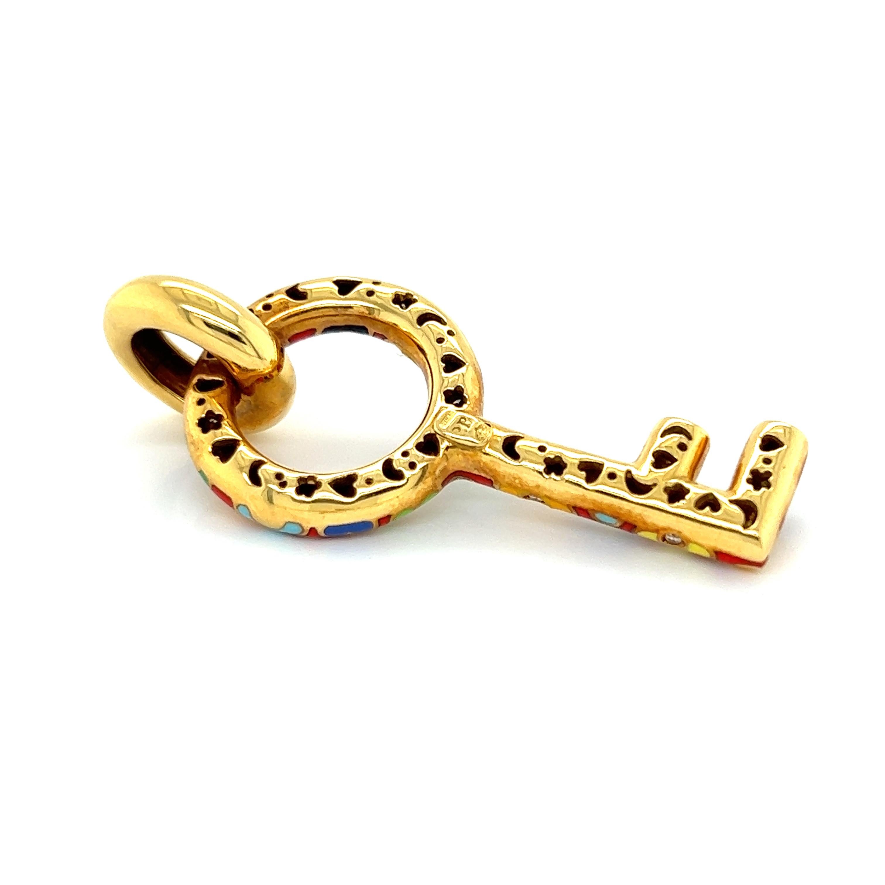 Women's or Men's Pasquale Bruni 18k Yellow Gold Diamond Enamel Floral Large Key Pendant