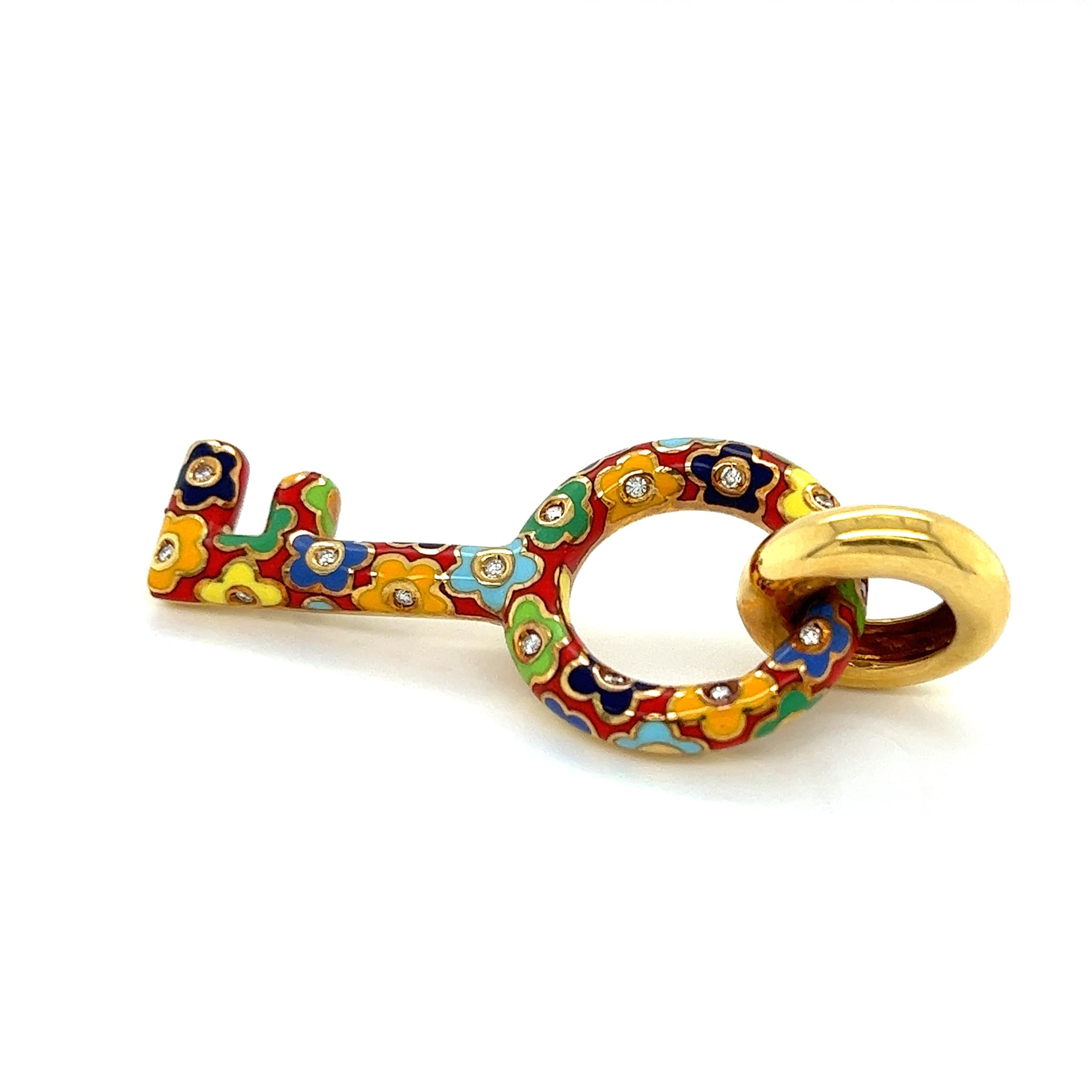 Pasquale Bruni 18k Yellow Gold Diamond Enamel Floral Large Key Pendant 1