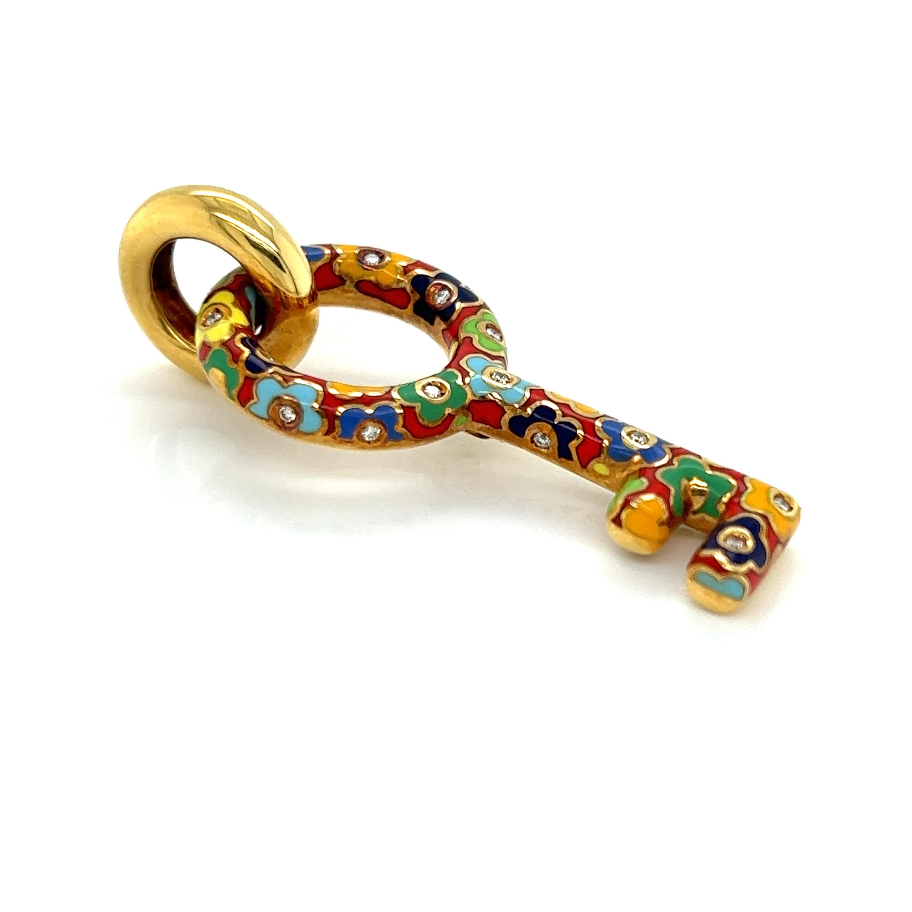 Pasquale Bruni 18k Yellow Gold Diamond Enamel Floral Large Key Pendant 3