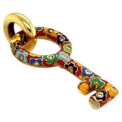Pasquale Bruni 18k Yellow Gold Diamond Enamel Floral Large Key Pendant