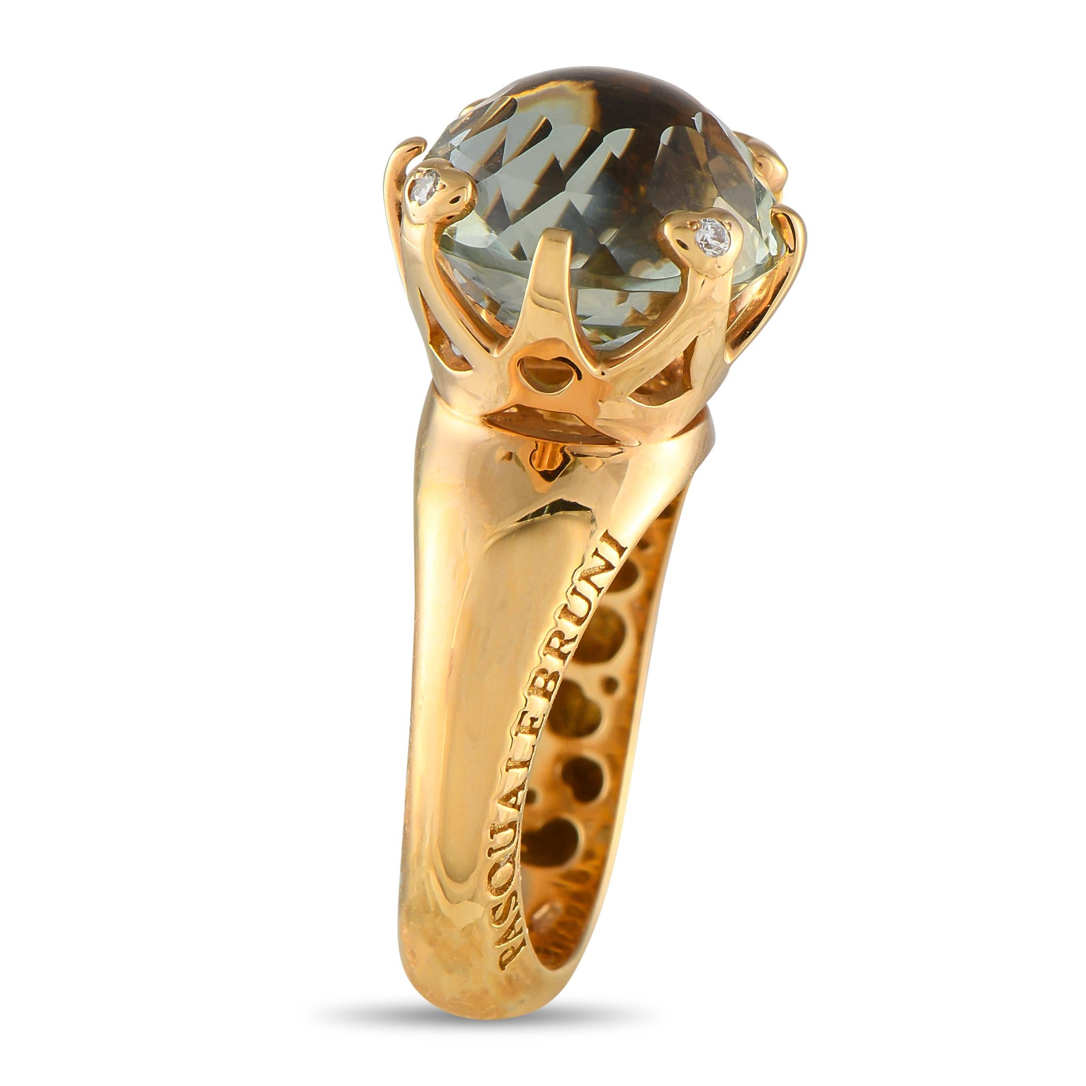 This Pasquale Bruni ring is incredibly opulent. Ideal for everyday wear, the lustrous 18K Yellow Gold setting elevates the translucent Green Quartz gemstone at the center. This piece features a 5mm wide band and a 14mm top height.This jewelry piece