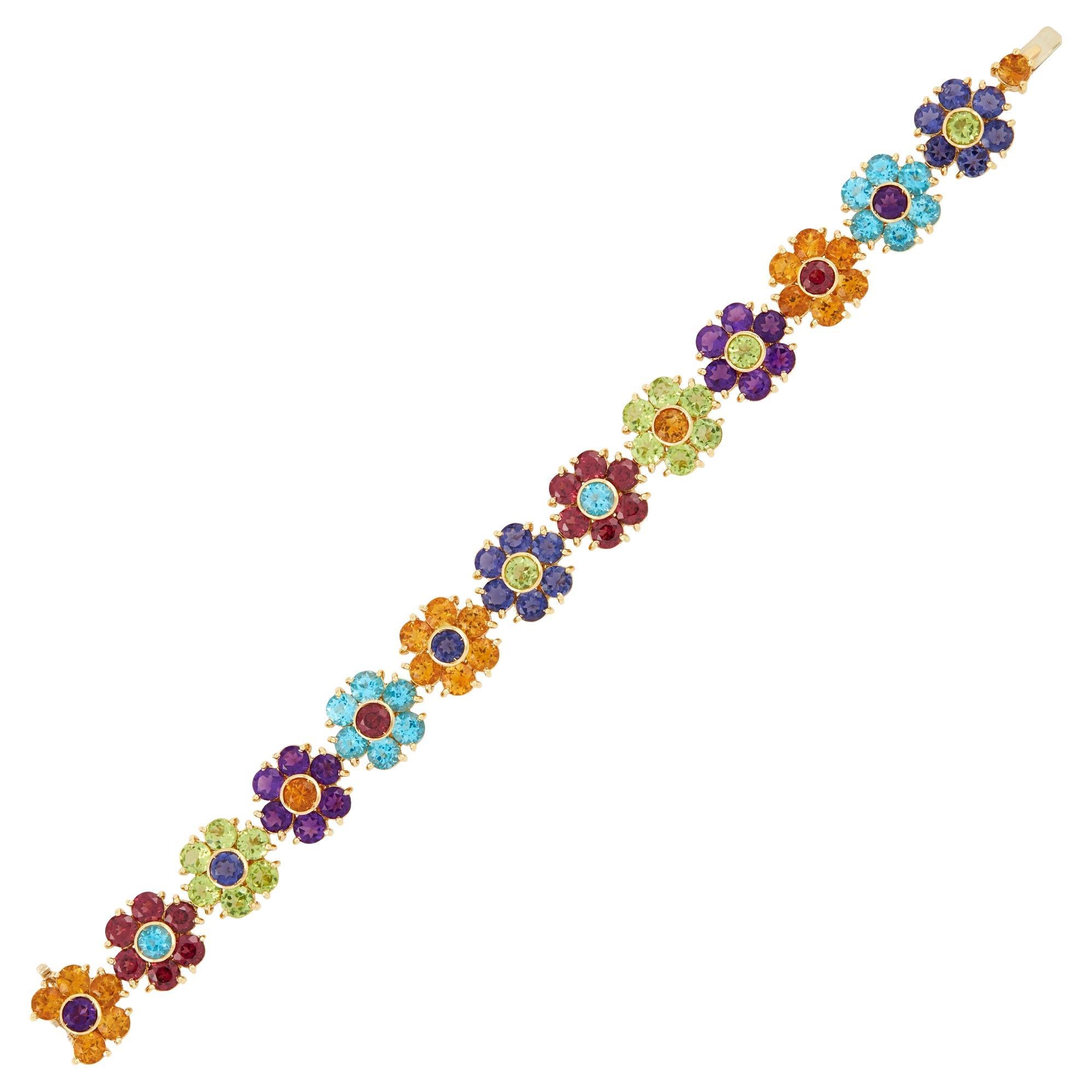 Pasquale Bruni 18k Yellow Gold Multi-Gem Flower Link Bracelet 7.5" Long 41 grams