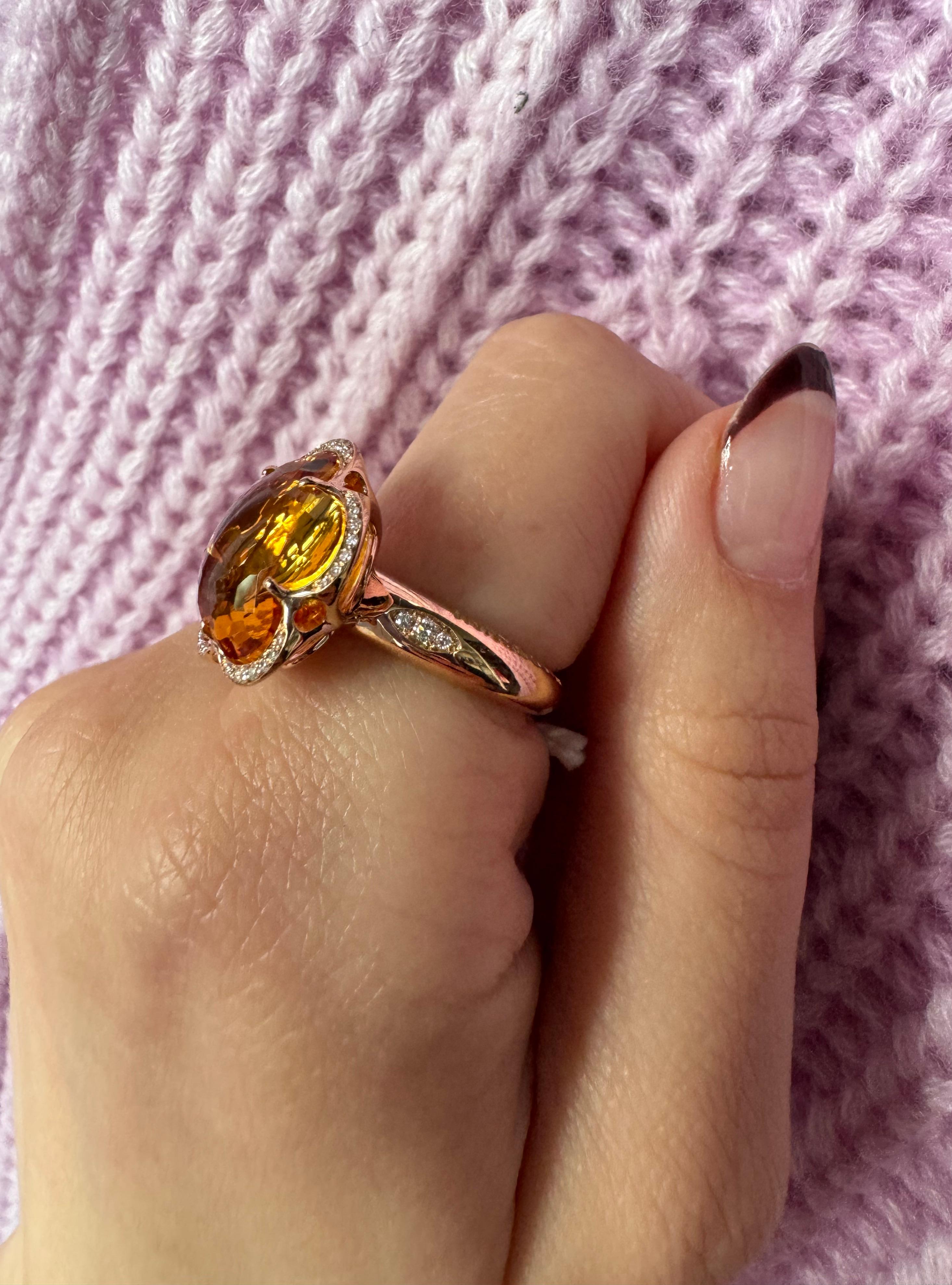 Pasquale Bruni Bon Ton 18K Rose Gold Ring with Citrine & Diamonds, Size 12 In New Condition For Sale In Carmel By The Sea, CA