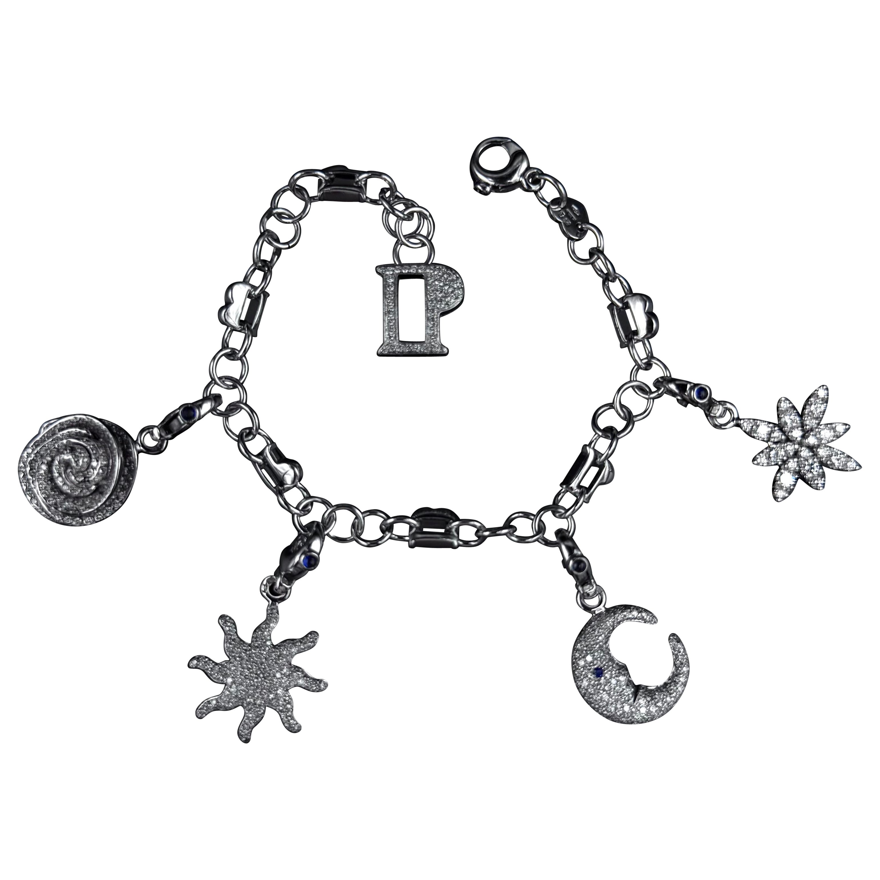 Pasquale Bruni Diamond Flower Sun Crescent Moon Star Charm Bracelet White Gold For Sale