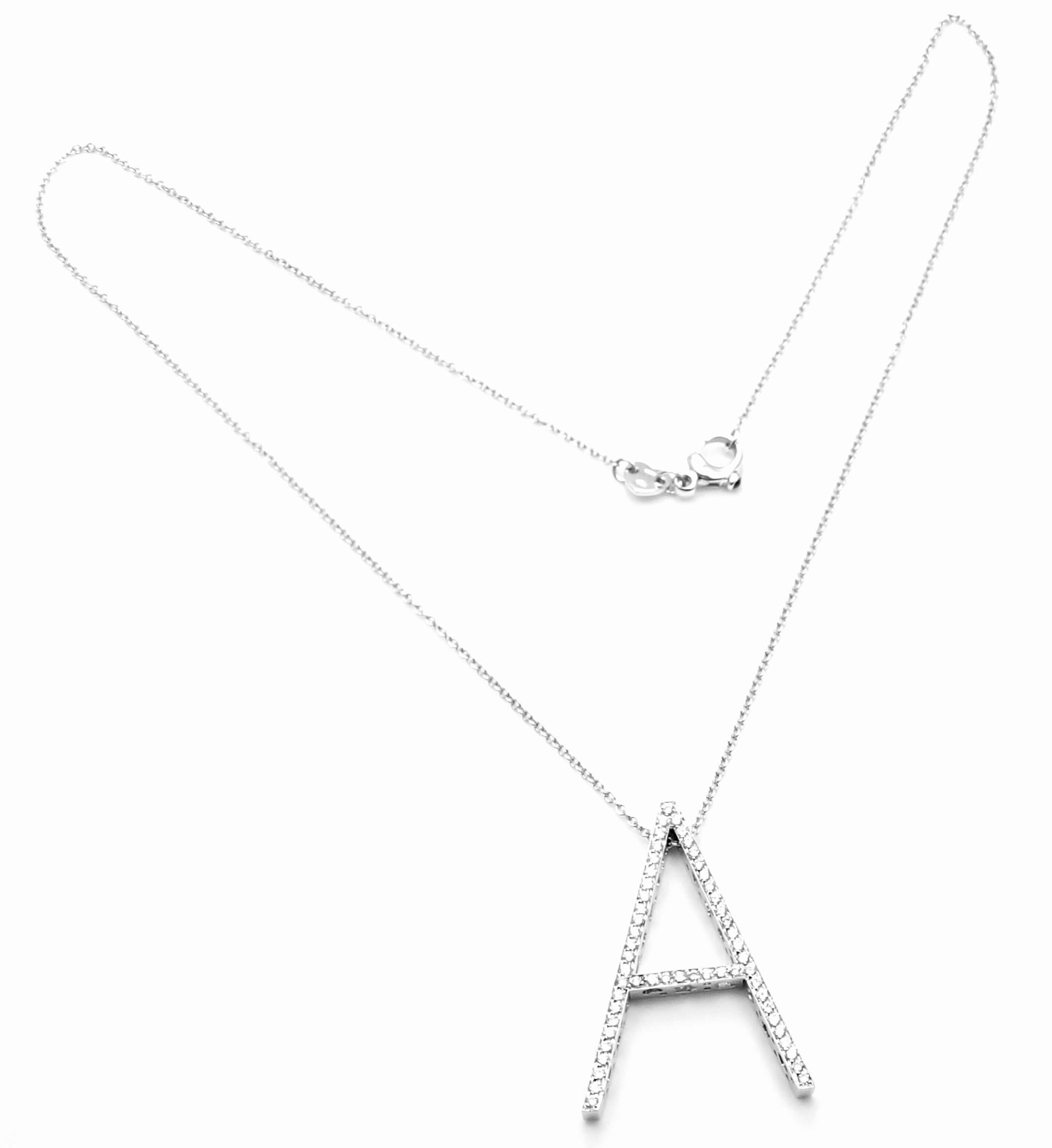 18k White Gold Large Diamond Letter A Pendant Necklace by Pasquale Bruni. 
With r55 round brilliant cut diamonds VS1 clarity, E color total weight approx. .71ct
This necklace comes with Box, Certificate and Tag.
Retail Price: