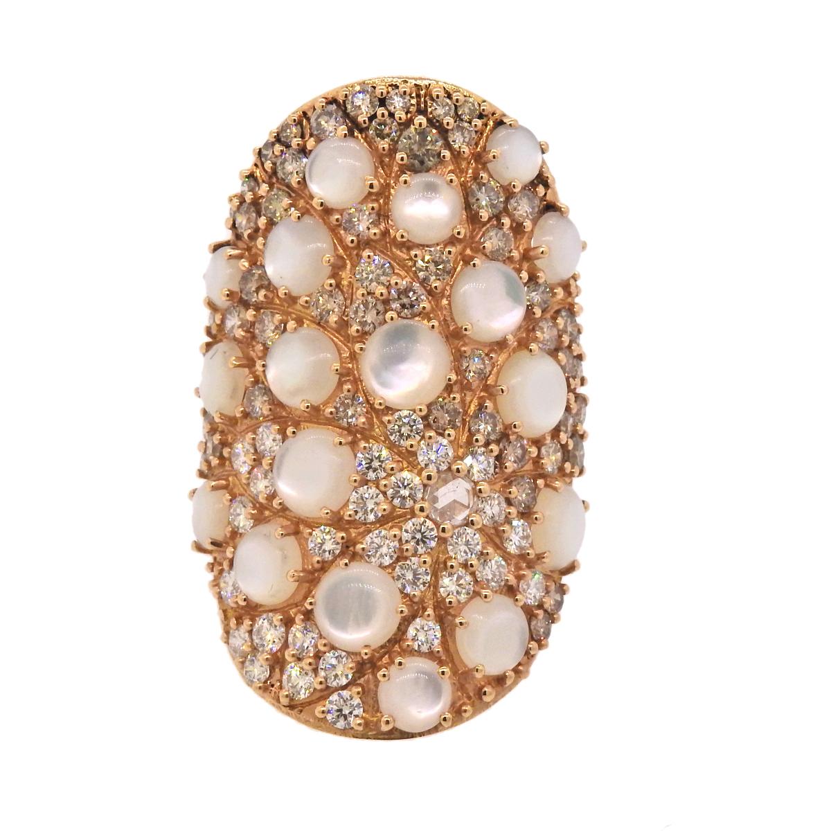  Impressive 18k gold cocktail ring by Pasquale Bruni from Mandala collection, set with mother of pearl and white and champagne diamonds - total approx. 2.72ctw. Retail $13740. Ring size - 7.75, ring top - 37mm x 23mm, weighs 16.4 grams. Marked: