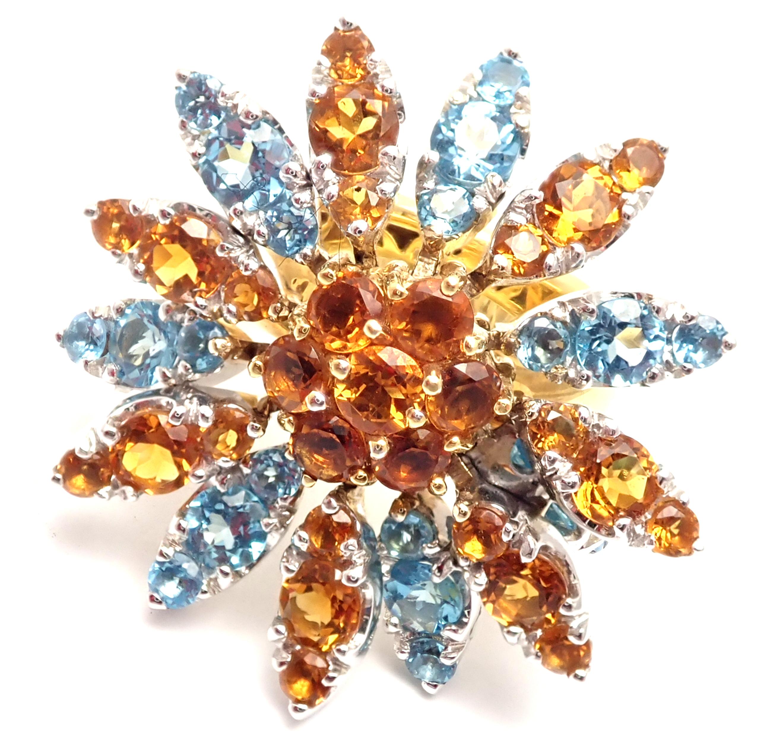 18k Yellow Gold Blue Topaz And Citrine MARGHERITA Ring by Pasquale Bruni.
With Blue Topaz & Citrine stones
This ring comes with Box and Certificate
Size: 6.5
Weight: 25.7 grams
Width: 1.3