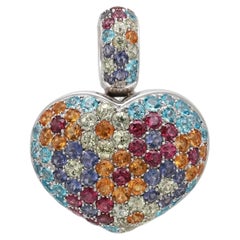 Pasquale Bruni Multicolor Gemstones Floral Heart Pendant 18K White Gold