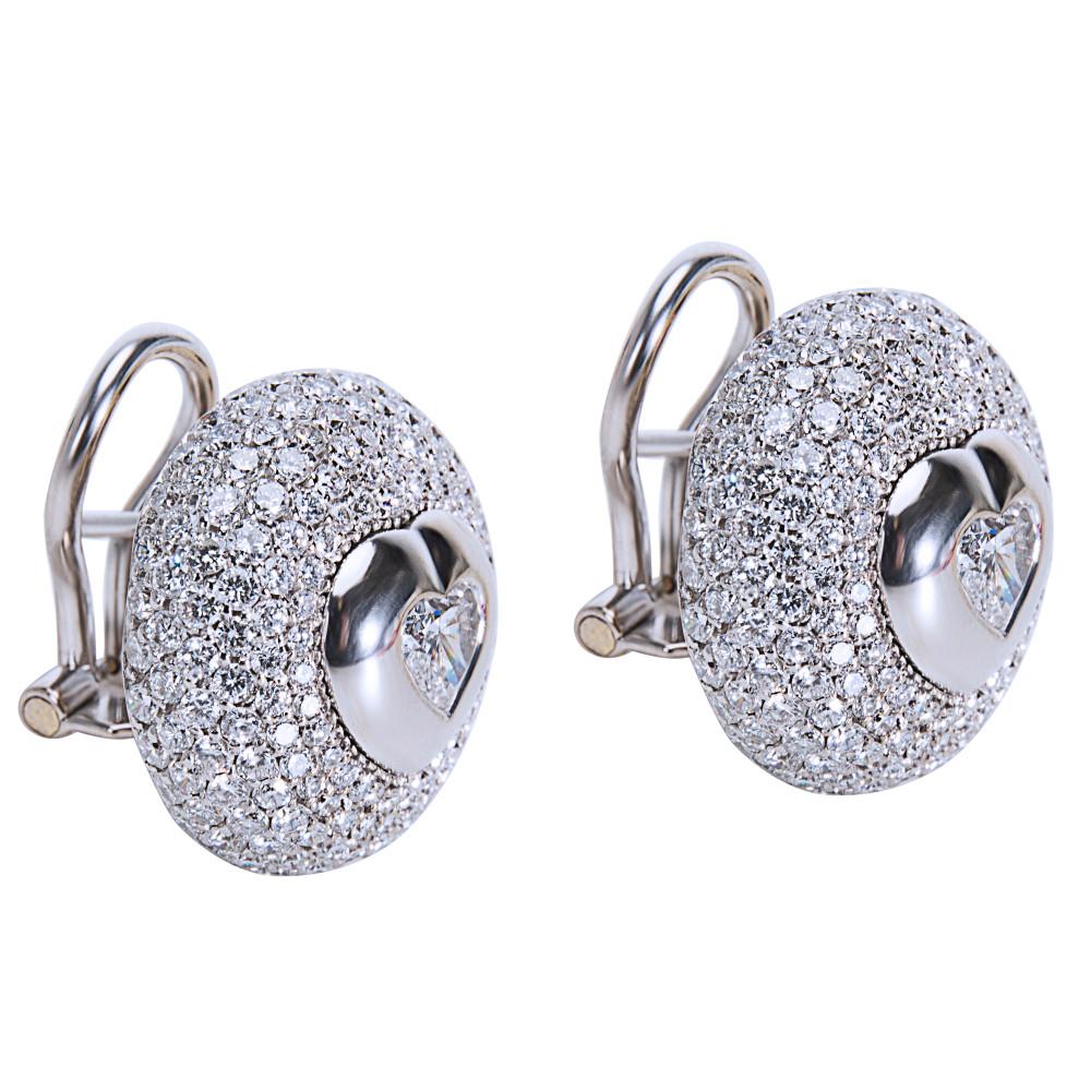 Round Cut Pasquale Bruni Pave Diamond Heart Center Button Earrings in 18K Gold 4.79 Carats