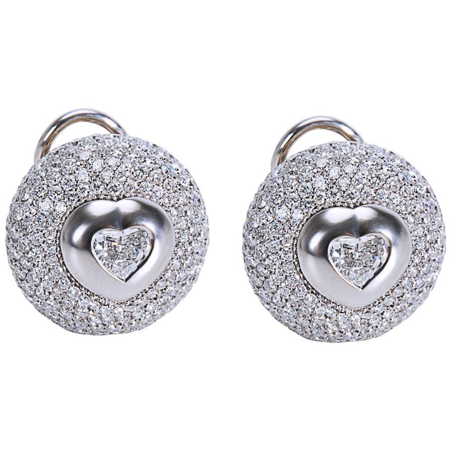 Pasquale Bruni Pave Diamond Heart Center Button Earrings in 18K Gold 4.79 Carats