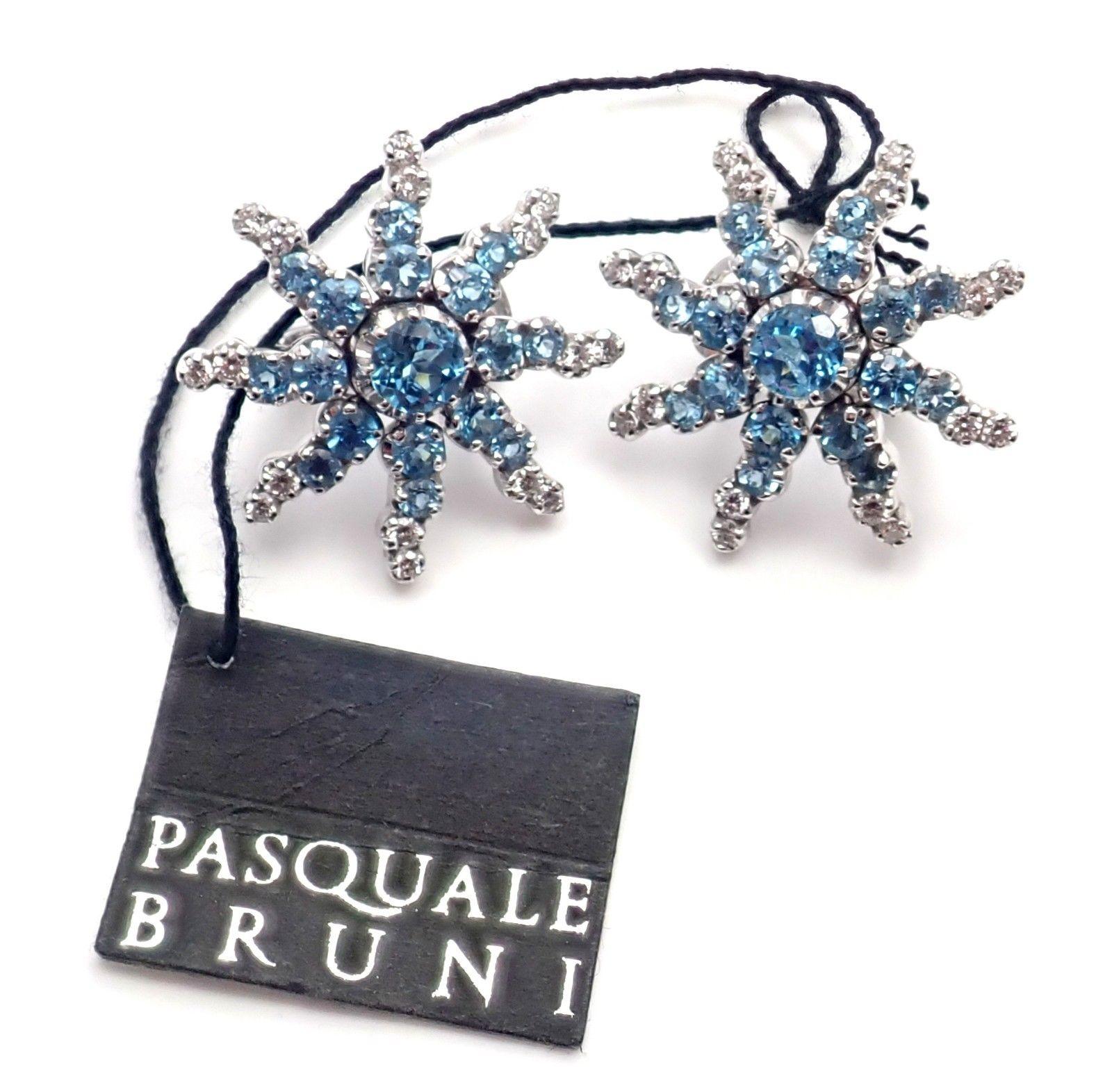 18k White Gold Diamond Aquamarine Sun Earrings by Pasquale Bruni. 
With 32 round brilliant cut diamonds VS1 Clarity G Color total weight approx. .87ct
34 Aquamarine stones total weight approx. 5.03ct
 These earrings come with Box, Certificate and