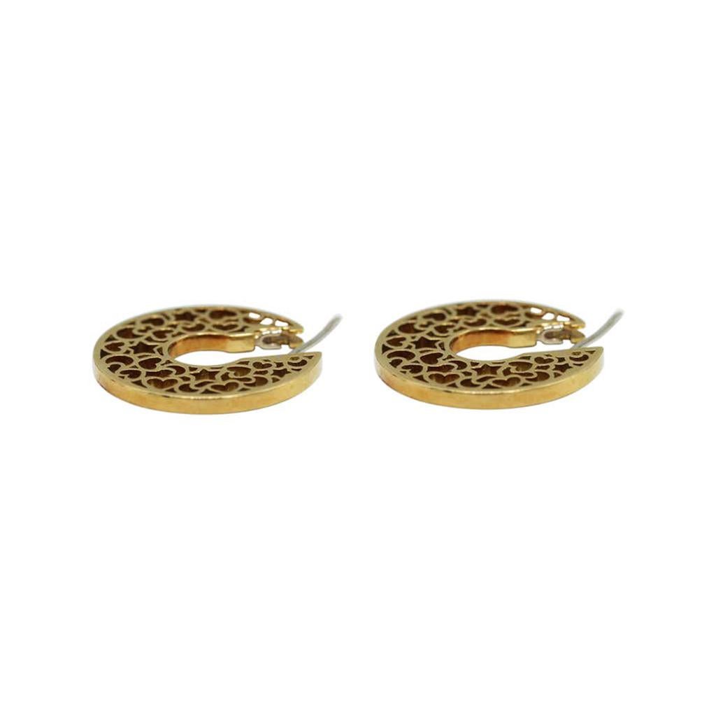 18 karat yellow gold earrings by Pasquale Bruni, Italy, designed as hoops with an openwork center section depicting heart, moon, and star shapes, gross weight 18.1 grams, measuring 1.13 by 0.13 inches. 
This is a fun alternative to the standard hoop