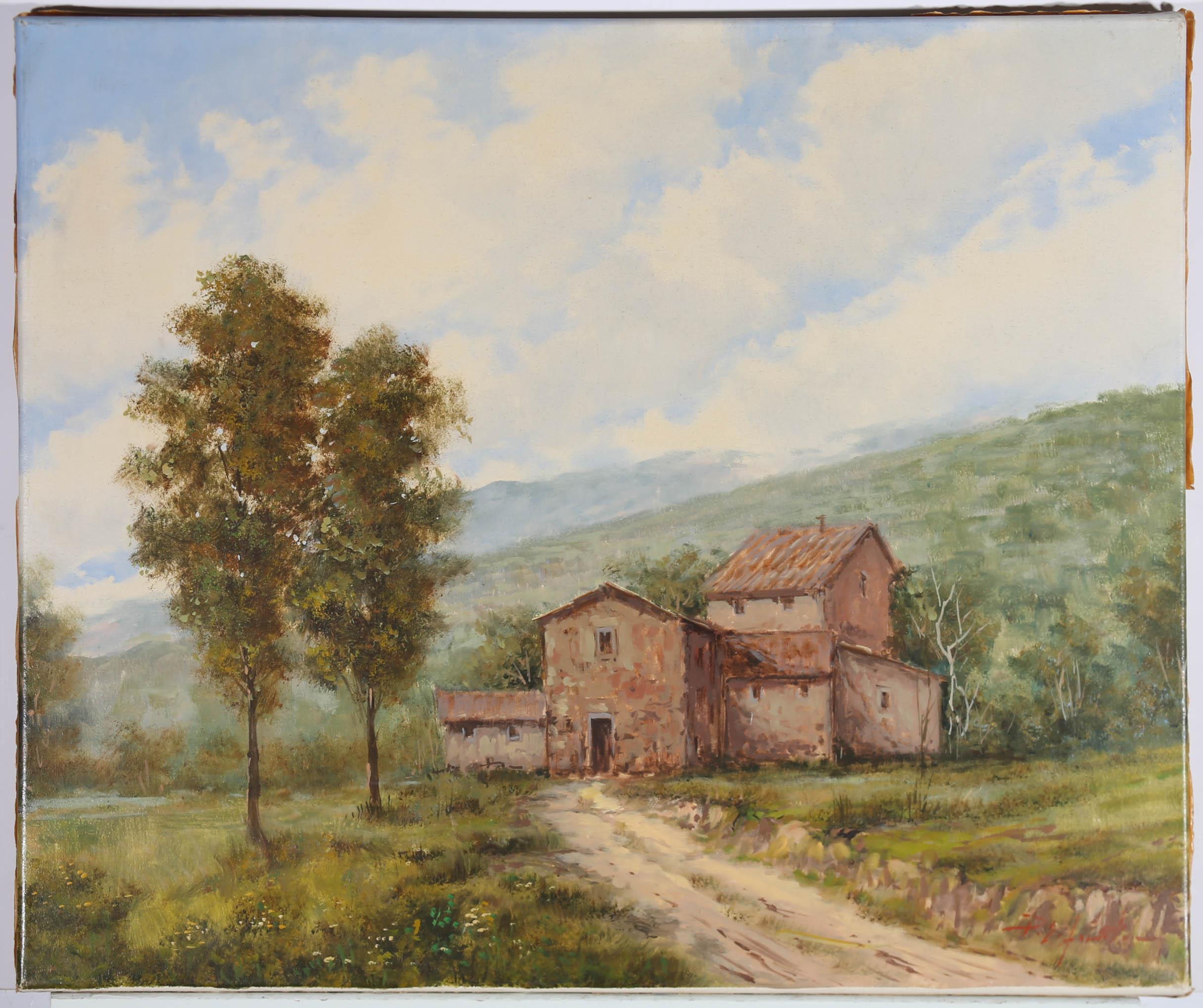 Un bell'olio del XX secolo che mostra una fattoria rustica nella regione di Amalfi. L'artista ha apposto la sua firma in basso a destra e sul retro è presente un'etichetta con il nome dell'artista e la posizione del dipinto. Su tela.
