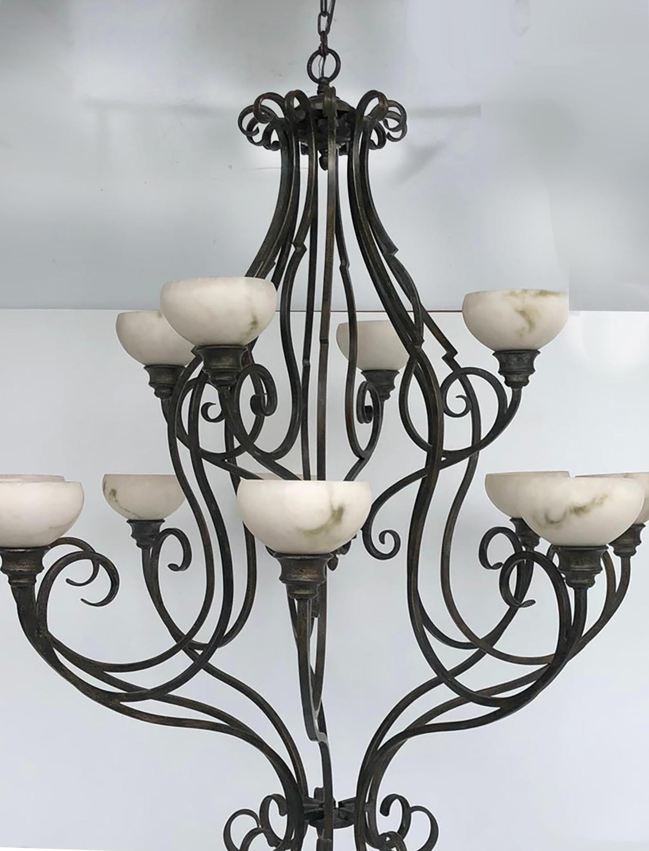 Pasquale Miranda for Feiss Iron and Alabaster Chandelier 20th Century For Sale 1