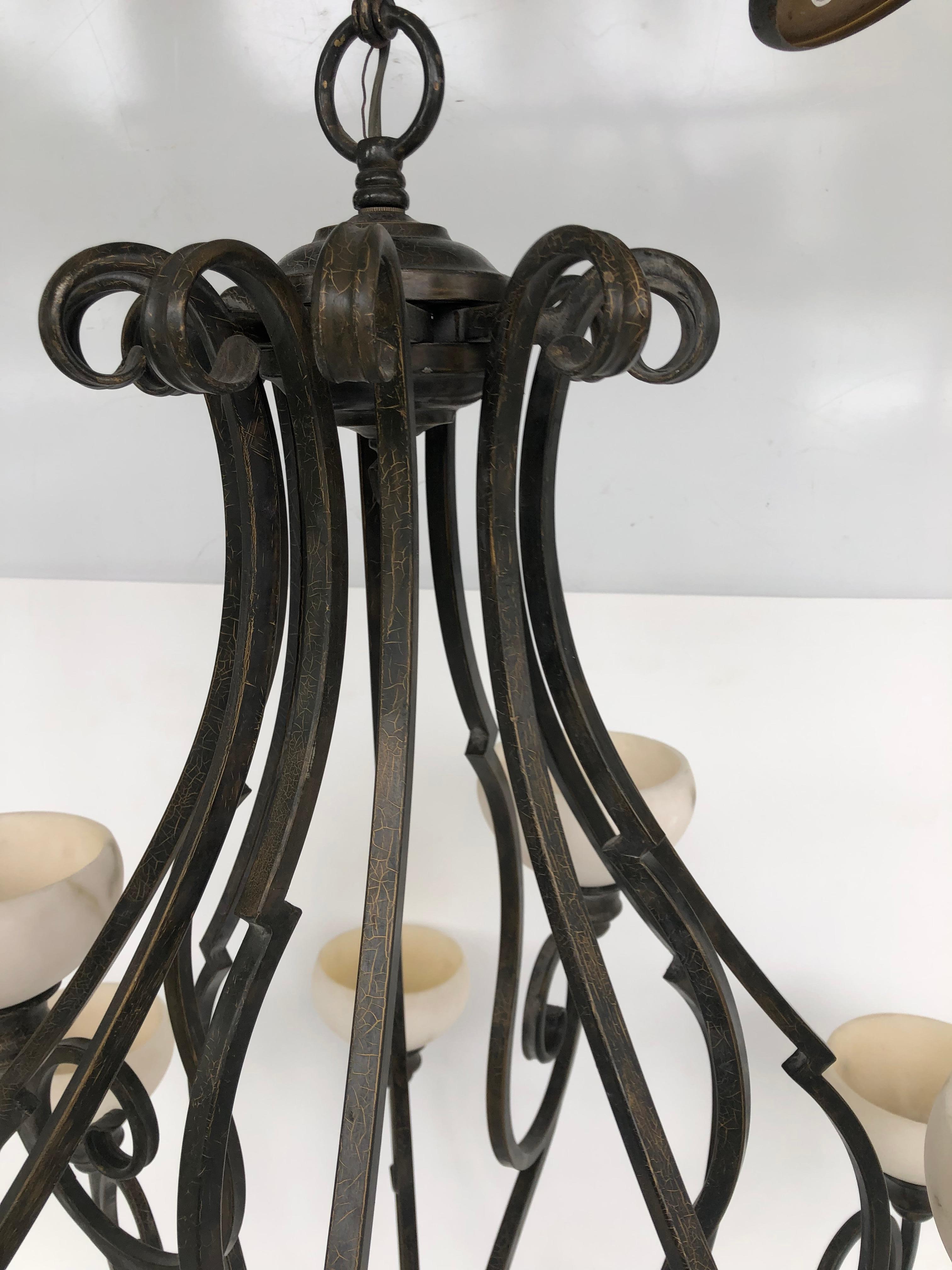 American Pasquale Miranda for Feiss Iron and Alabaster Chandelier 20th Century For Sale