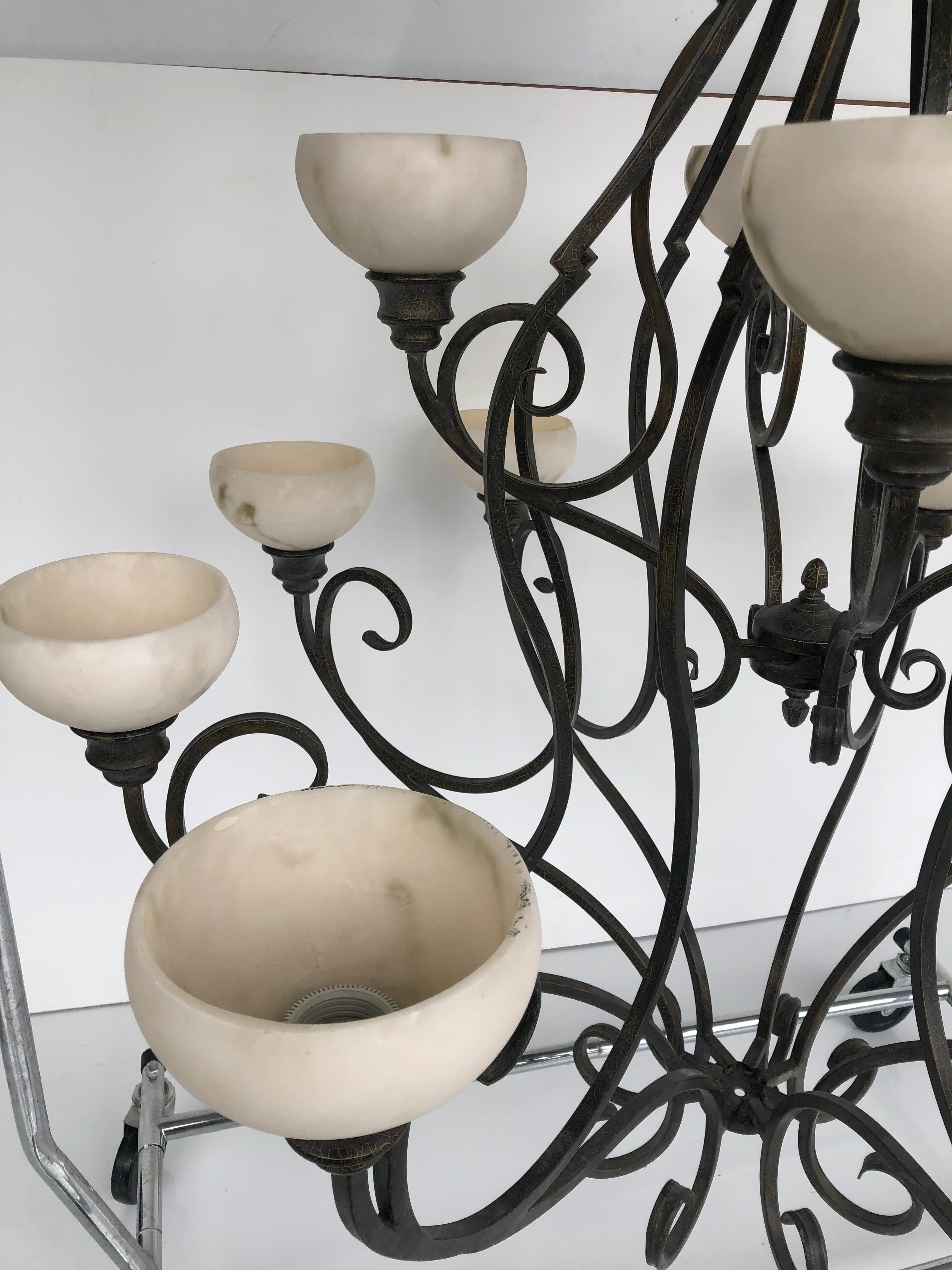 Cast Pasquale Miranda for Feiss Iron and Alabaster Chandelier 20th Century For Sale