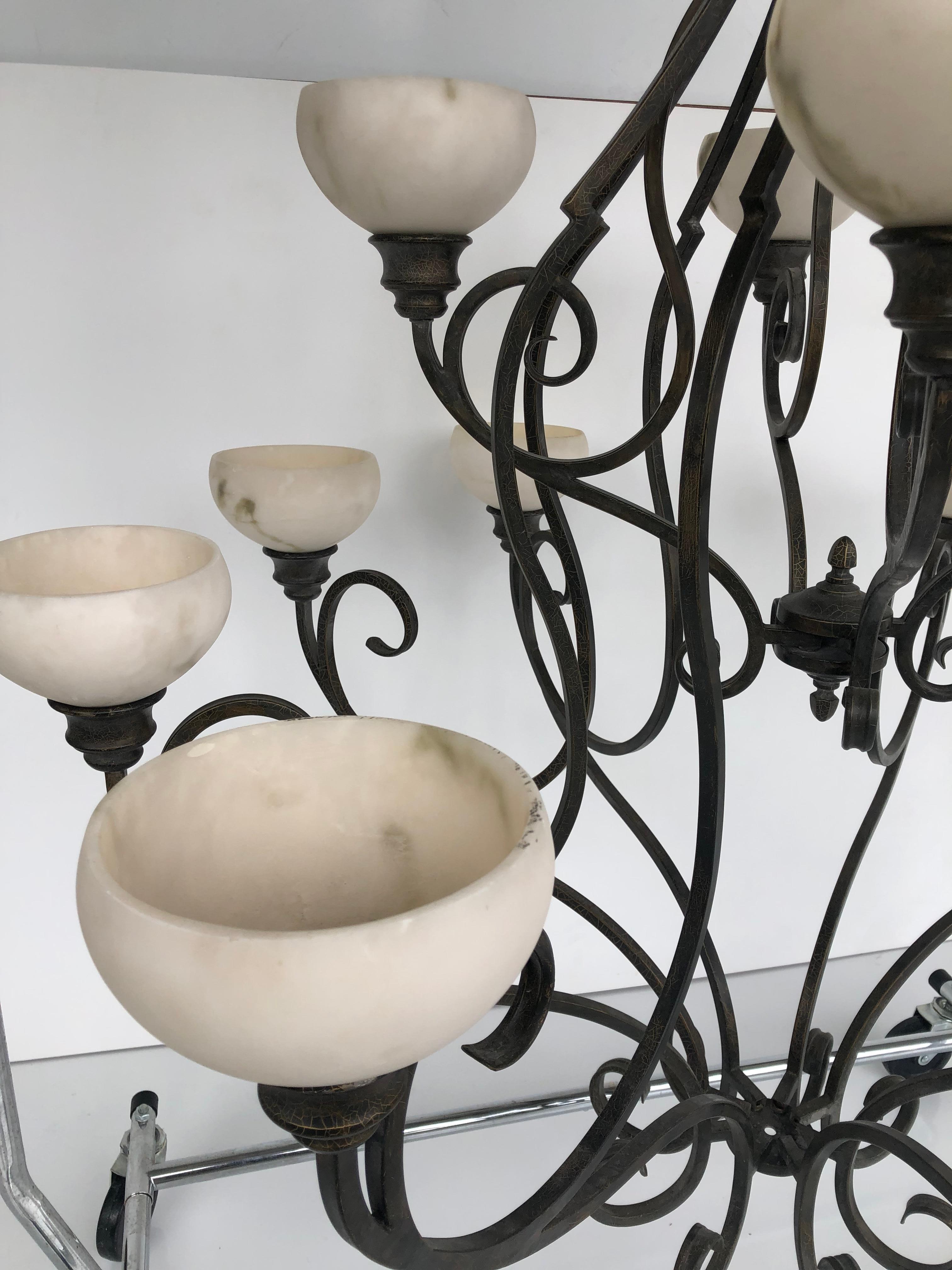 Pasquale Miranda for Feiss Iron and Alabaster Chandelier 20th Century In Good Condition For Sale In Miami, FL