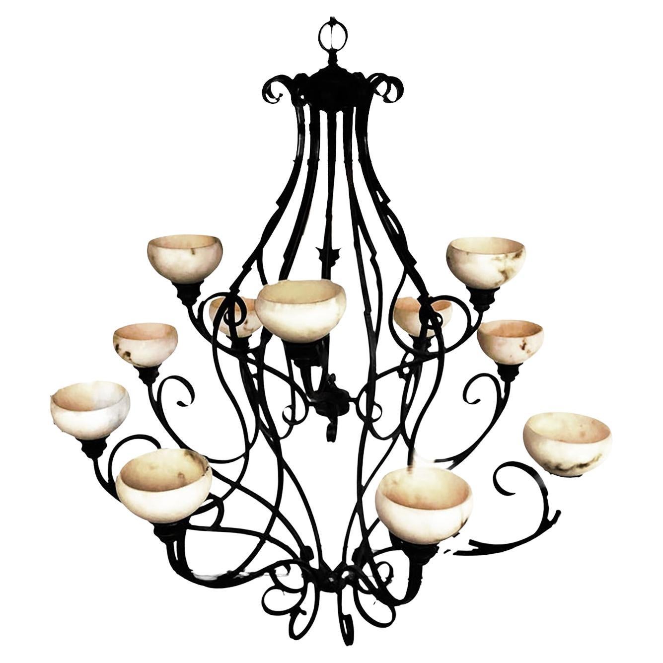 Pasquale Miranda for Feiss Iron and Alabaster Chandelier 20th Century For Sale