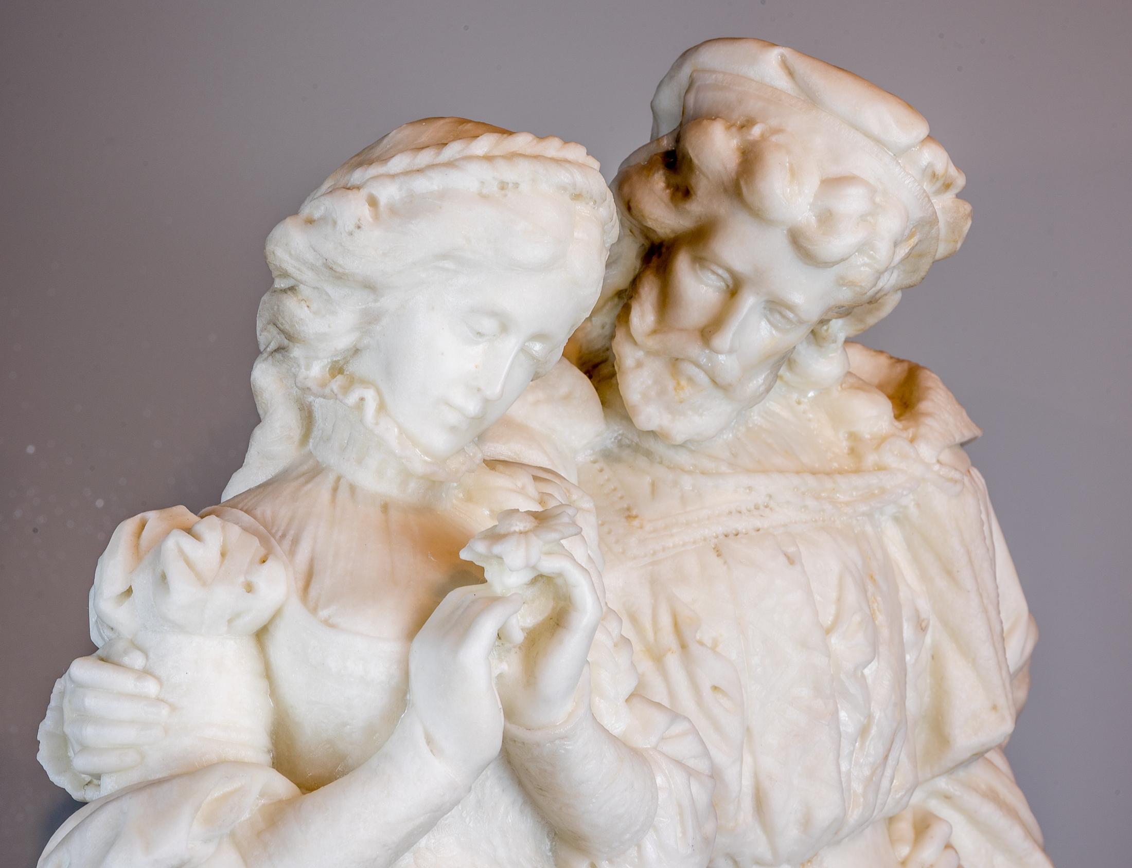 Scultura in marmo di carrara di ottima qualità raffigurante degli innamorati. La giovane fanciulla tiene in mano una margherita mentre il gentiluomo l'abbraccia con aria di sfida.

Artista: Attribuito a Pasquale Romanelli (1812-1887)
Origine: