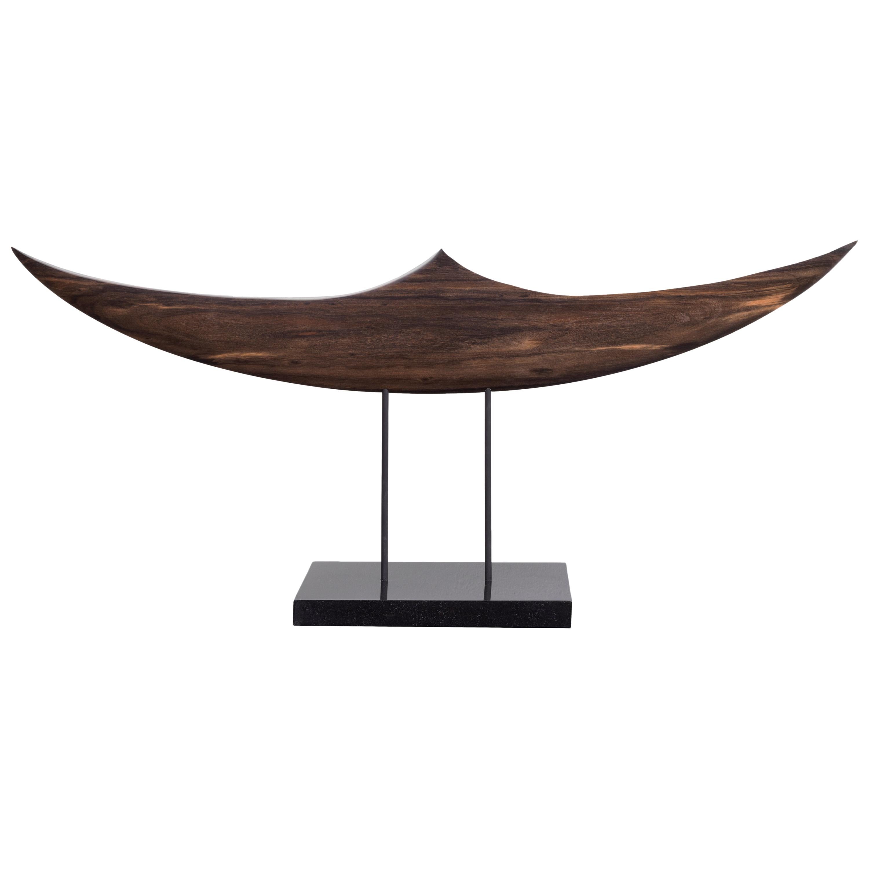 Passage, Hand Carved and Polished Ebony Wood Boat Sculpture on Granite Base