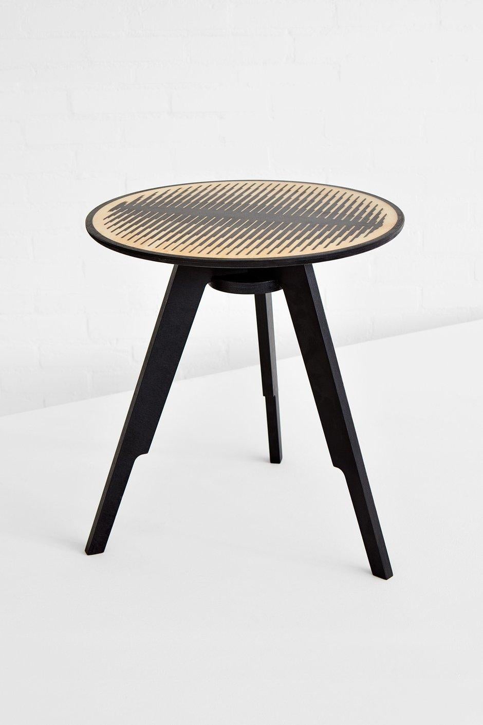 In the ‘Passage Collection’ old and new techniques meet. The traditional craft of patterned wooden floors and wood inlaying is translated to the modern technique of laser cutting.
The pattern and design of ‘Passage Side table’ consists of a passage