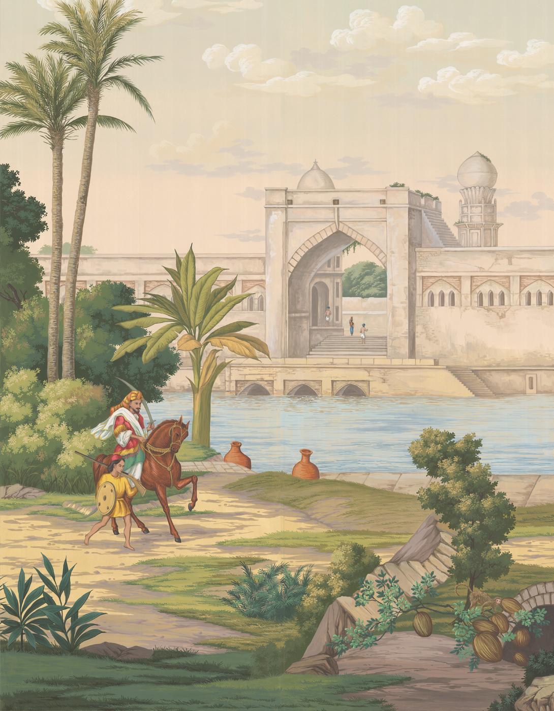 Passage to India is a romantic depiction of classical India filled with elephants, camels, temples and iconic Indian architecture.  This mural is an original hand-painted series of consecutive wallpaper panels that create a dynamic colorful scene of