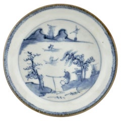Passing Boat And Figure Pattern Blue And White Saucer, Circa 1725, Qing Dynasty
