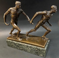 "Passing the Baton", Rare Bronze Sculpture with Male Nude Athletes, Art Deco