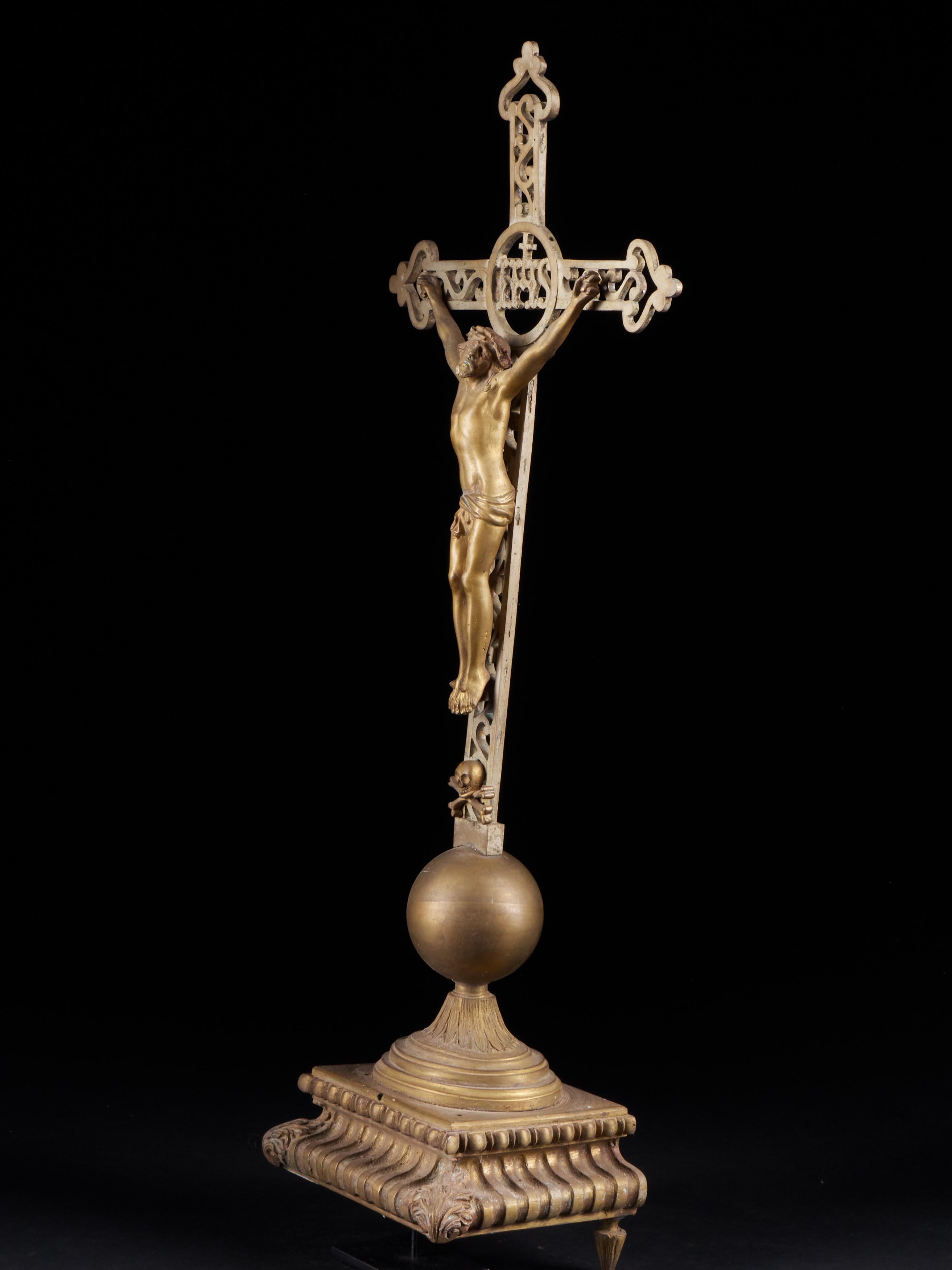 Antique devotional collectable depicting the Passion of the Christ. The skull at the base of the cross echoes Golgotha site where Jesus was crucified. This item does not stand on its own.