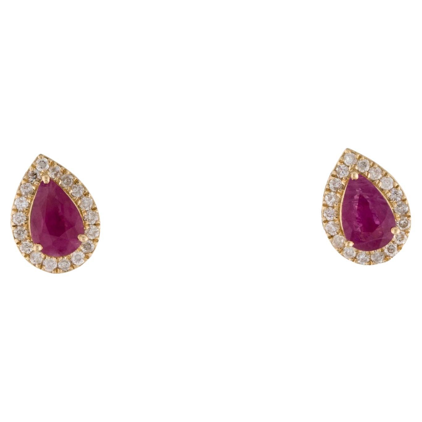 14K 1.11ctw Ruby & Diamond Halo Stud Earrings - Elegant Glamour, Timeless Design