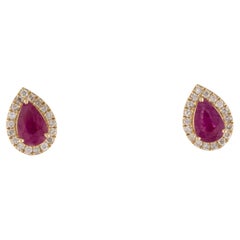 14K 1.11ctw Ruby & Diamond Halo Stud Earrings - Elegant Glamour, Timeless Design