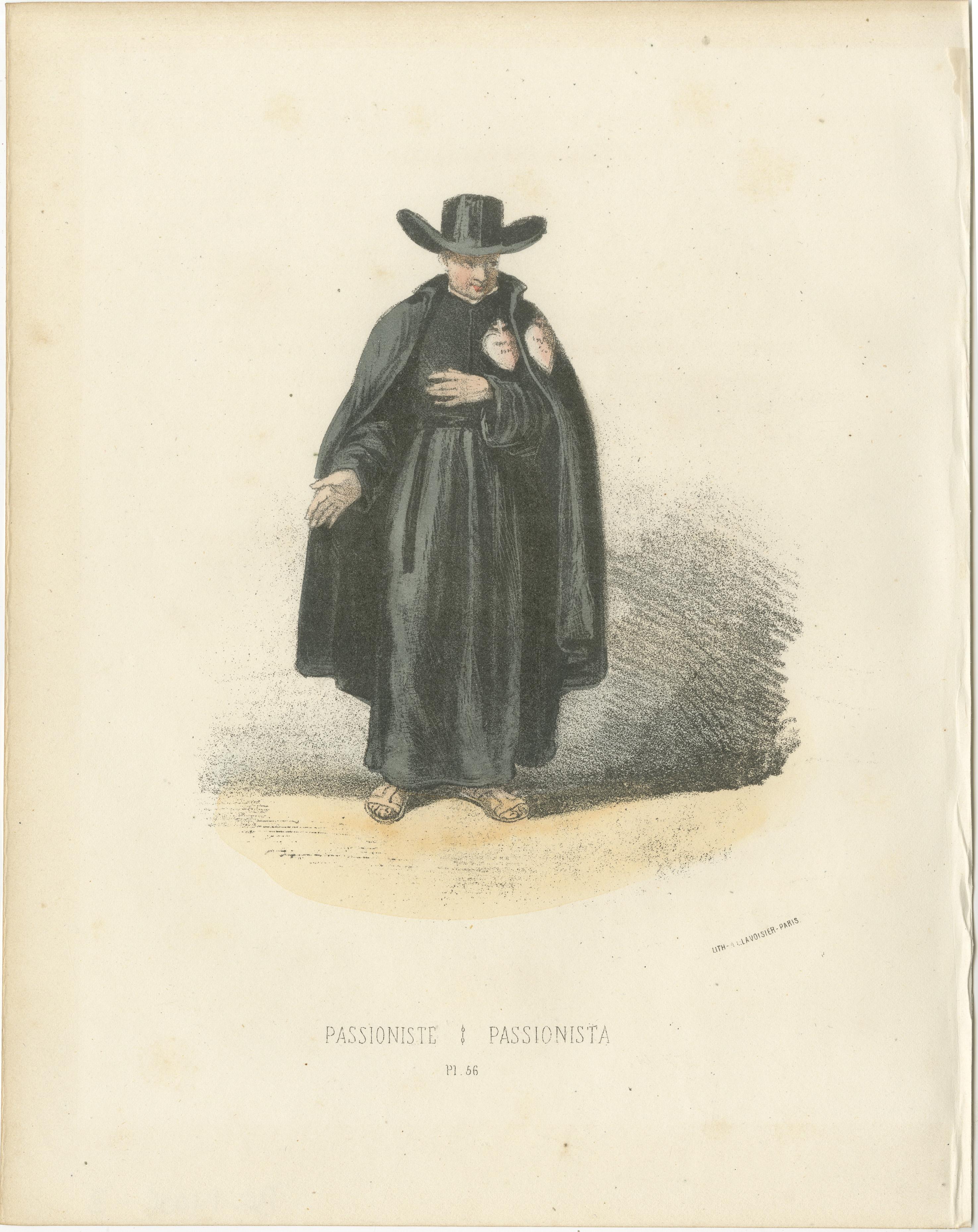 Passioniste - 1862 Handkolorierte Lithographie eines leidenschaftlichen Monks, Passionist  

Diese handkolorierte Lithografie aus dem Jahr 1862 zeigt einen Passionistenmönch in traditioneller Kleidung, der Hingabe und Schlichtheit eindrucksvoll