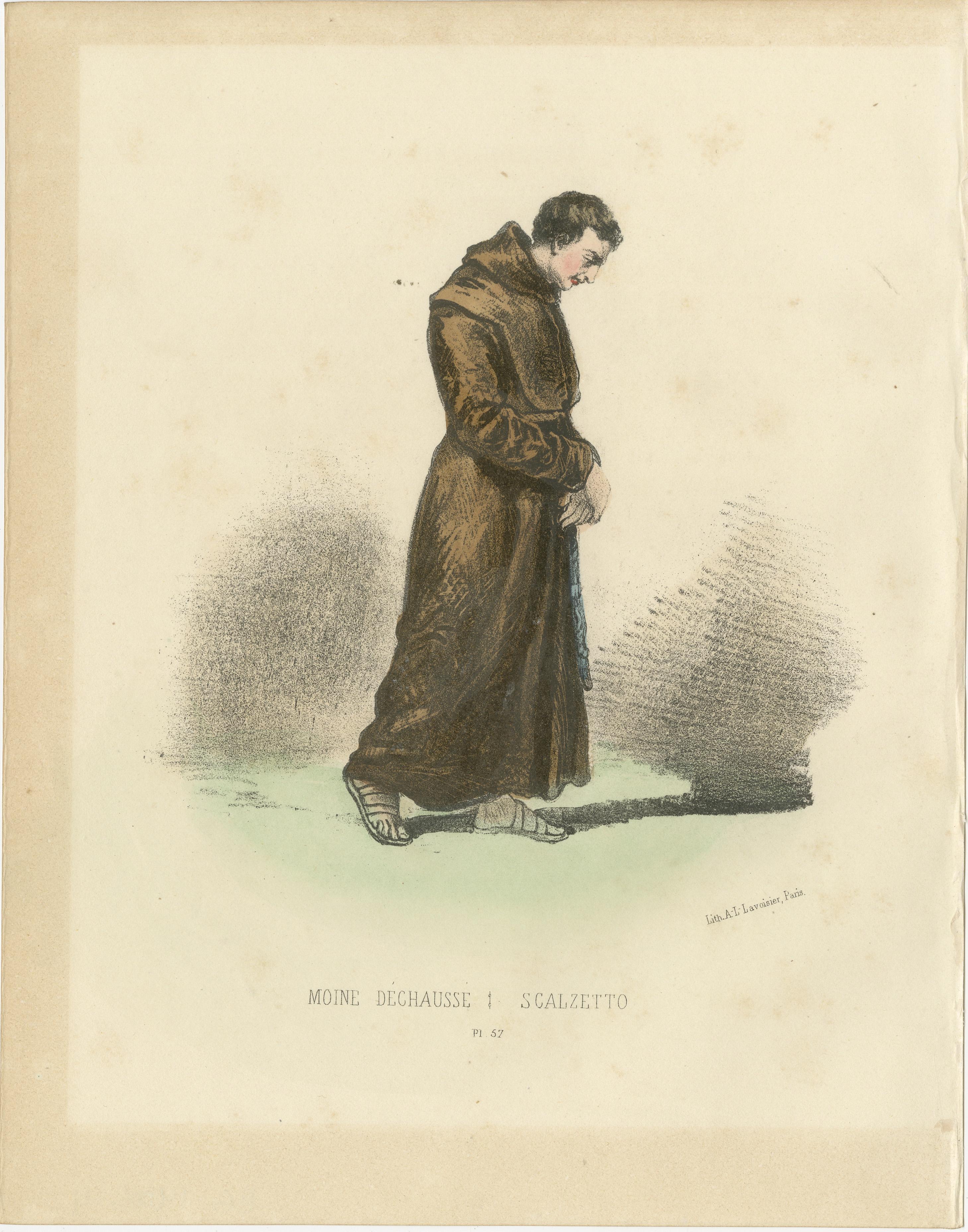 Moine Déchaussé - Lithographie coloriée à la main de 1862 représentant un moine déchaussé  
  
Cette lithographie de 1862, coloriée à la main, représente un Moine Déchaussé, incarnant l'humilité et la simplicité. Le personnage est représenté dans