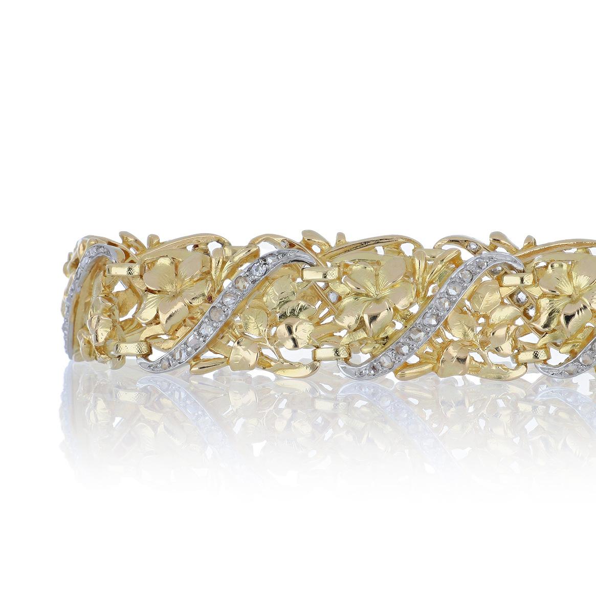 Belle Poque Armband aus 18 Karat Gold und Platin mit durchbrochener Plakette und Diamanten (Belle Époque) im Angebot
