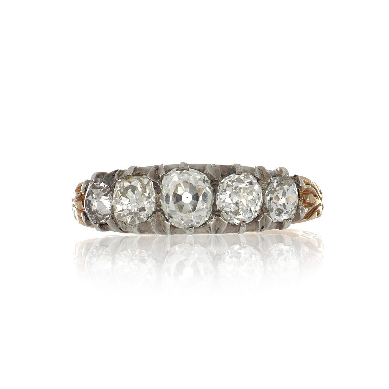 Victorian 18K yellow gold and sterling silver Old Mine-cut diamond graduated five stone half hoop ring, with decorative shoulders. Circa 1880.  The ring contains five Old Mine-cut diamonds that total 1.72 carats, J-L color and VS2-SI2 clarity.  Ring
