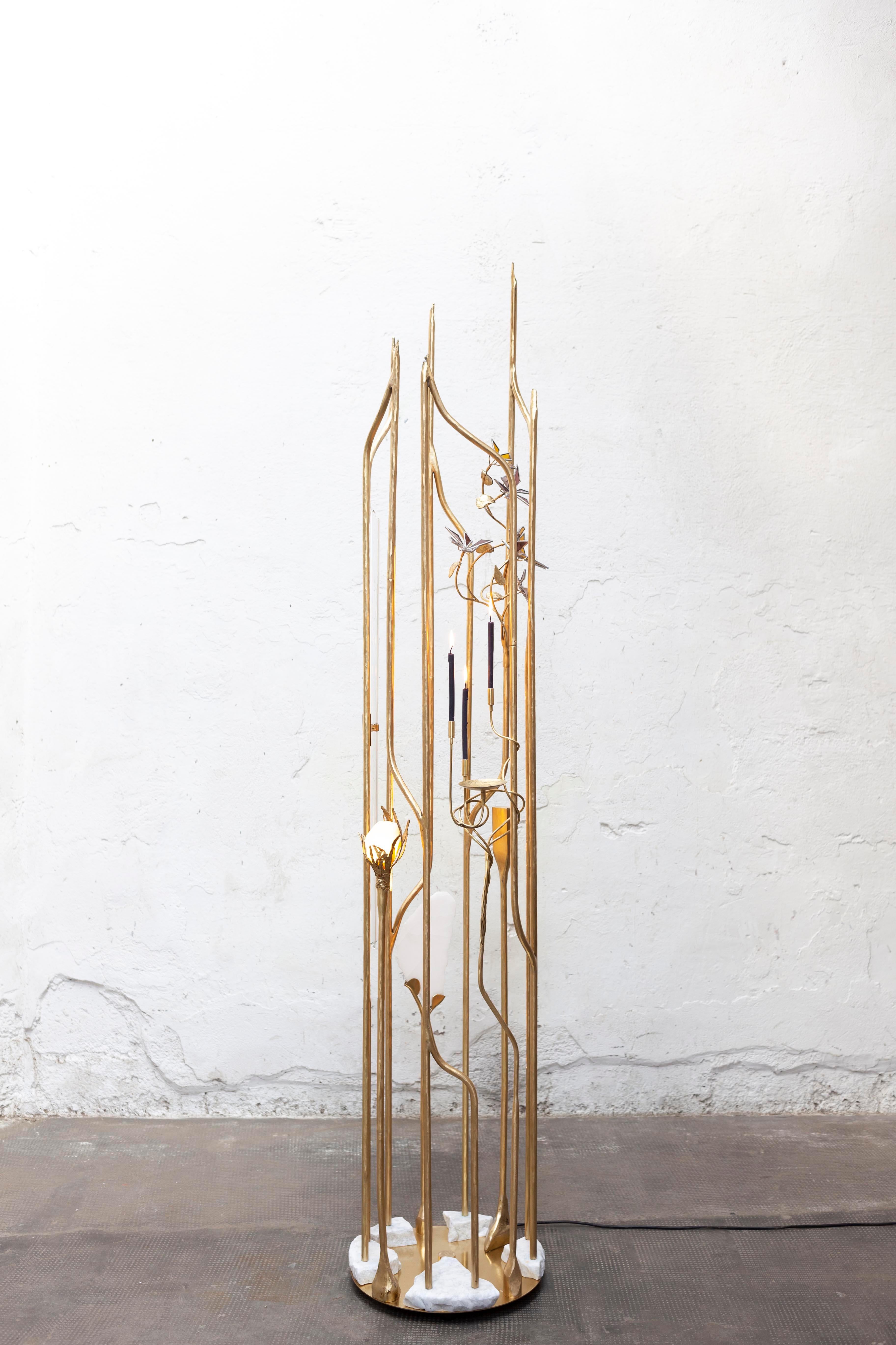 Past Forward by Morghen Studio
Unique Piece
Dimensions: D 36 x H 190 cm.
Materials: Brass, marble, onyx, stained glass, candles, led.


Morghen is a multidisciplinary studio that works on the boundaries between design,
art, and craftsmanship. They