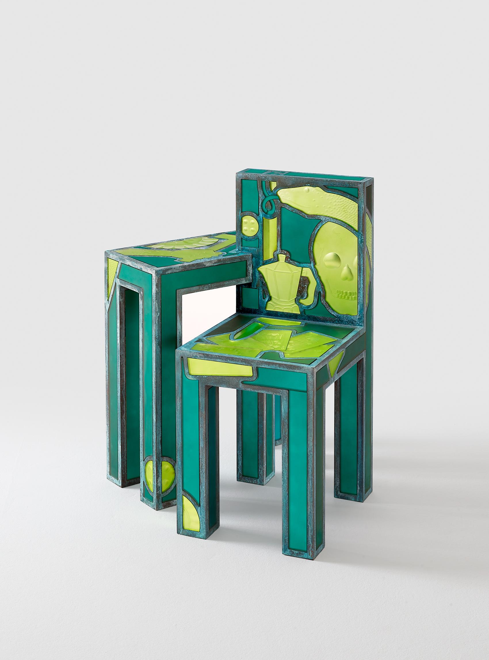 Past Green Side Table with Chair by Vetralia
Designed by Leo De Carlo
Dimensions:  W 71 x D 58 x H 87 cm
Materials: Colored engraved mirror, oxidised copper, wood.

VETRALIA
Functional Art based in Venice
Active in the collectible design proposal,