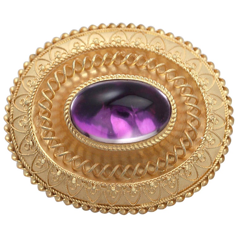 Antique Victorian Paste Cabochon Foil and 15K Yellow Gold Brooch For Sale