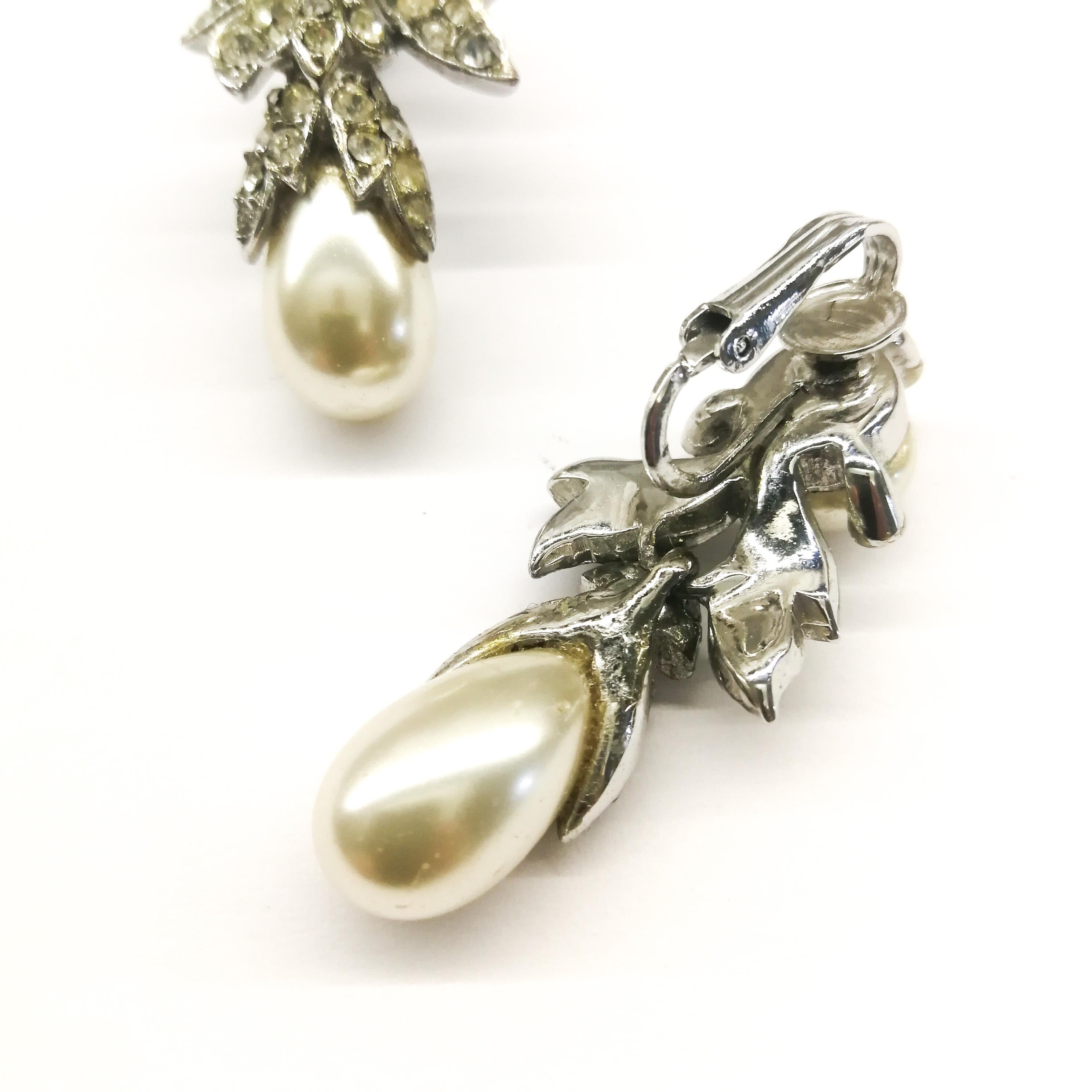 Paste pearl and clear paste drop earrings, Mitchel Maer for Christian Dior, 1950s 1