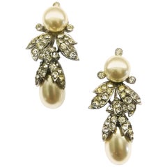 Vintage Paste pearl and clear paste drop earrings, Mitchel Maer for Christian Dior, 1950s