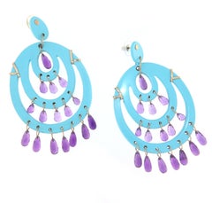 Paste Turquoise Amethyst Yellow Gold 9 Karat Drop Earrings
