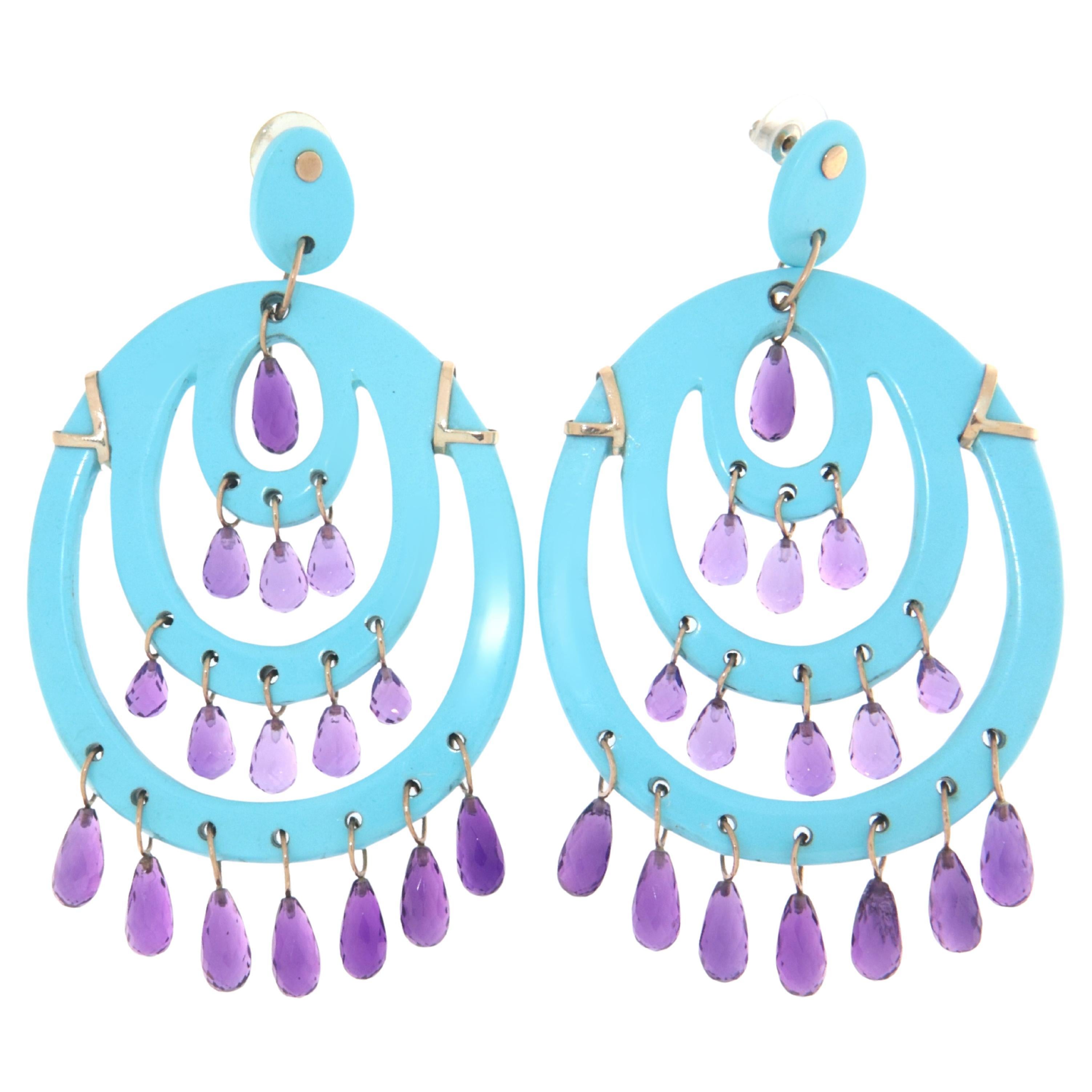 Paste Turquoise Amethyst Yellow Gold 9 Karat Drop Earrings