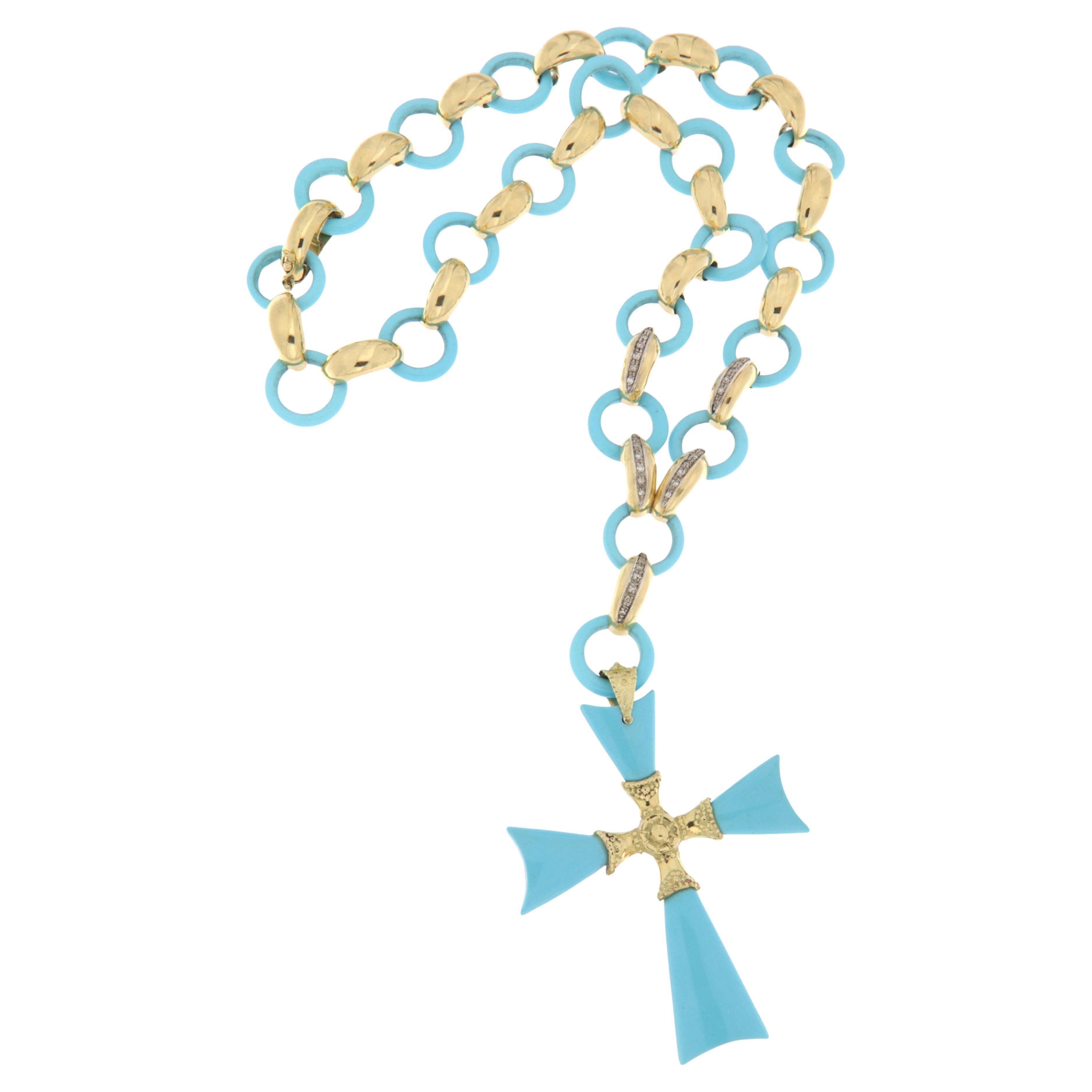 Collier à maillons en or jaune 14 carats avec turquoise en pâte et diamants en vente