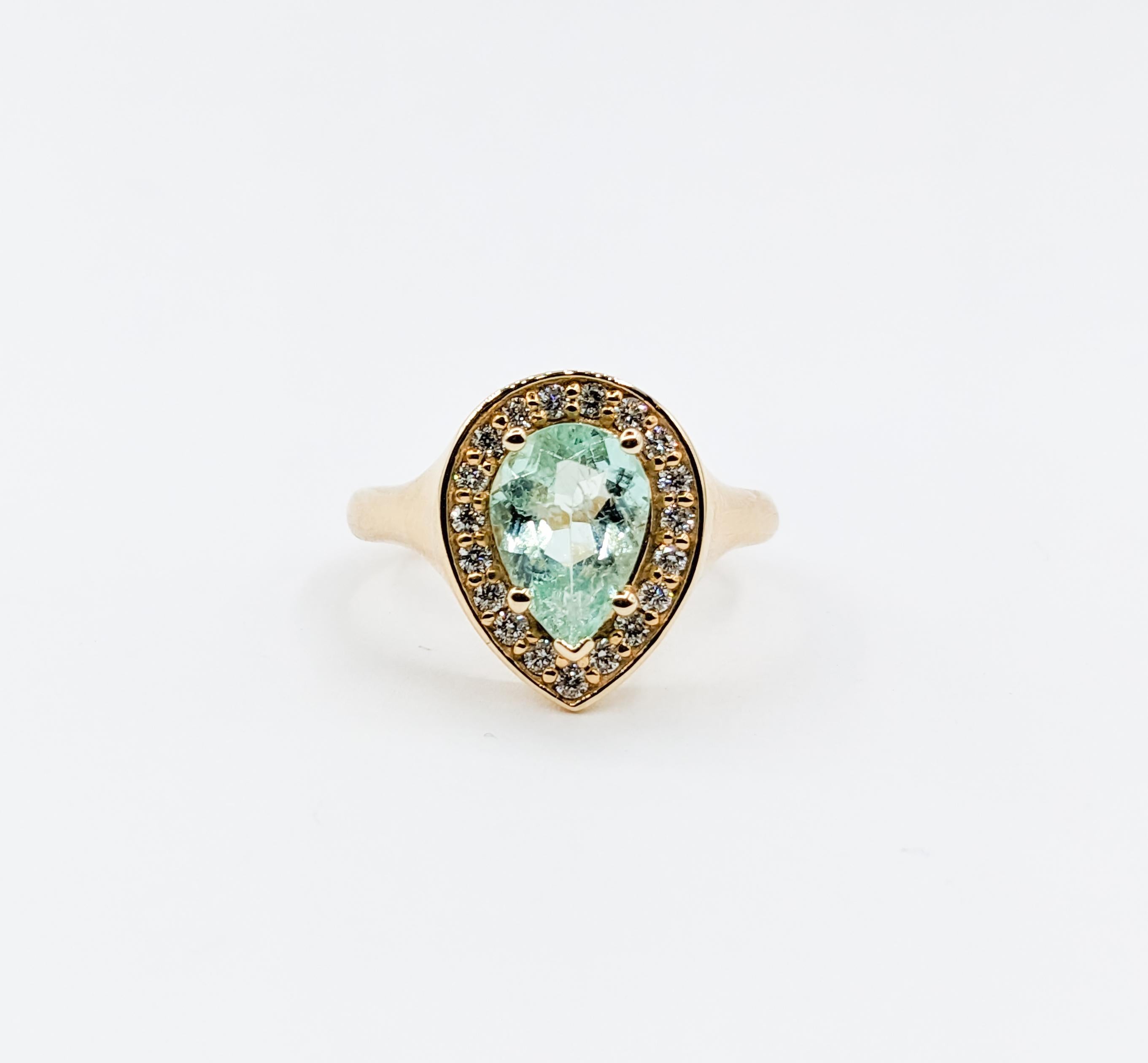 Pear Cut Pastel 1.45ct Columbian Emerald Diamond Halo Ring For Sale