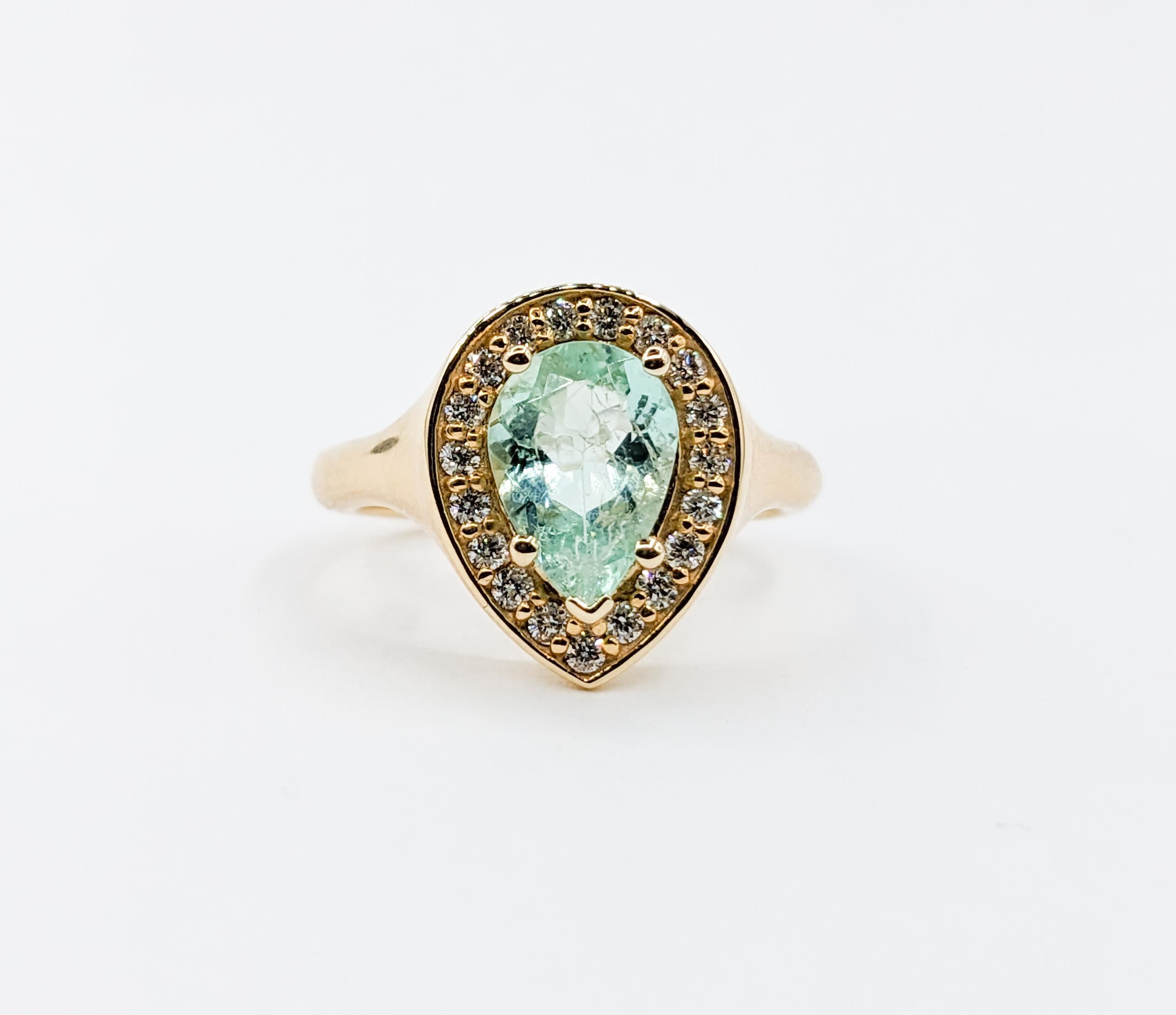 Pastel 1.45ct Columbian Emerald Diamond Halo Ring In New Condition For Sale In Bloomington, MN