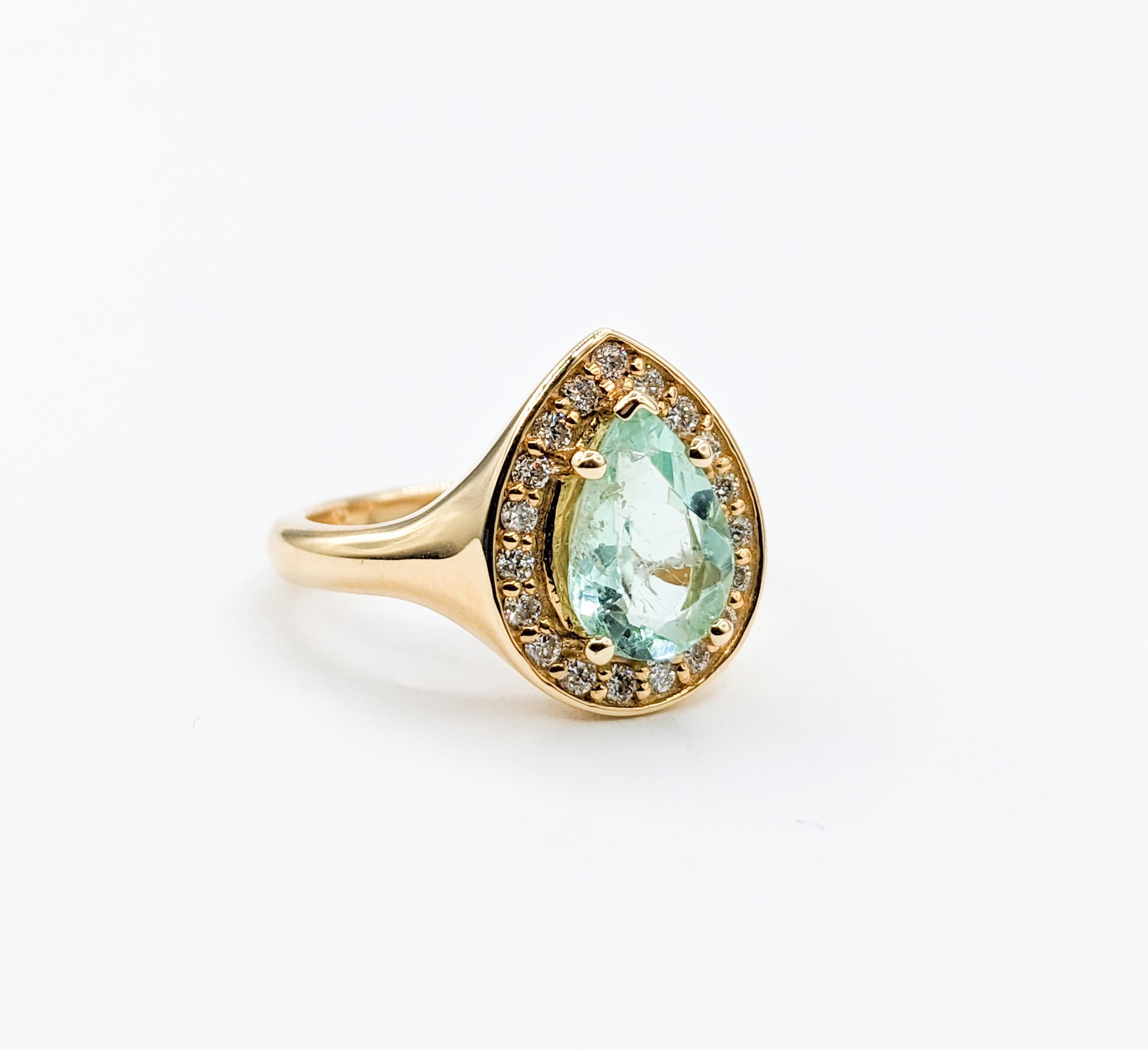 Contemporary Pastel 1.45ct Columbian Emerald Diamond Halo Ring For Sale