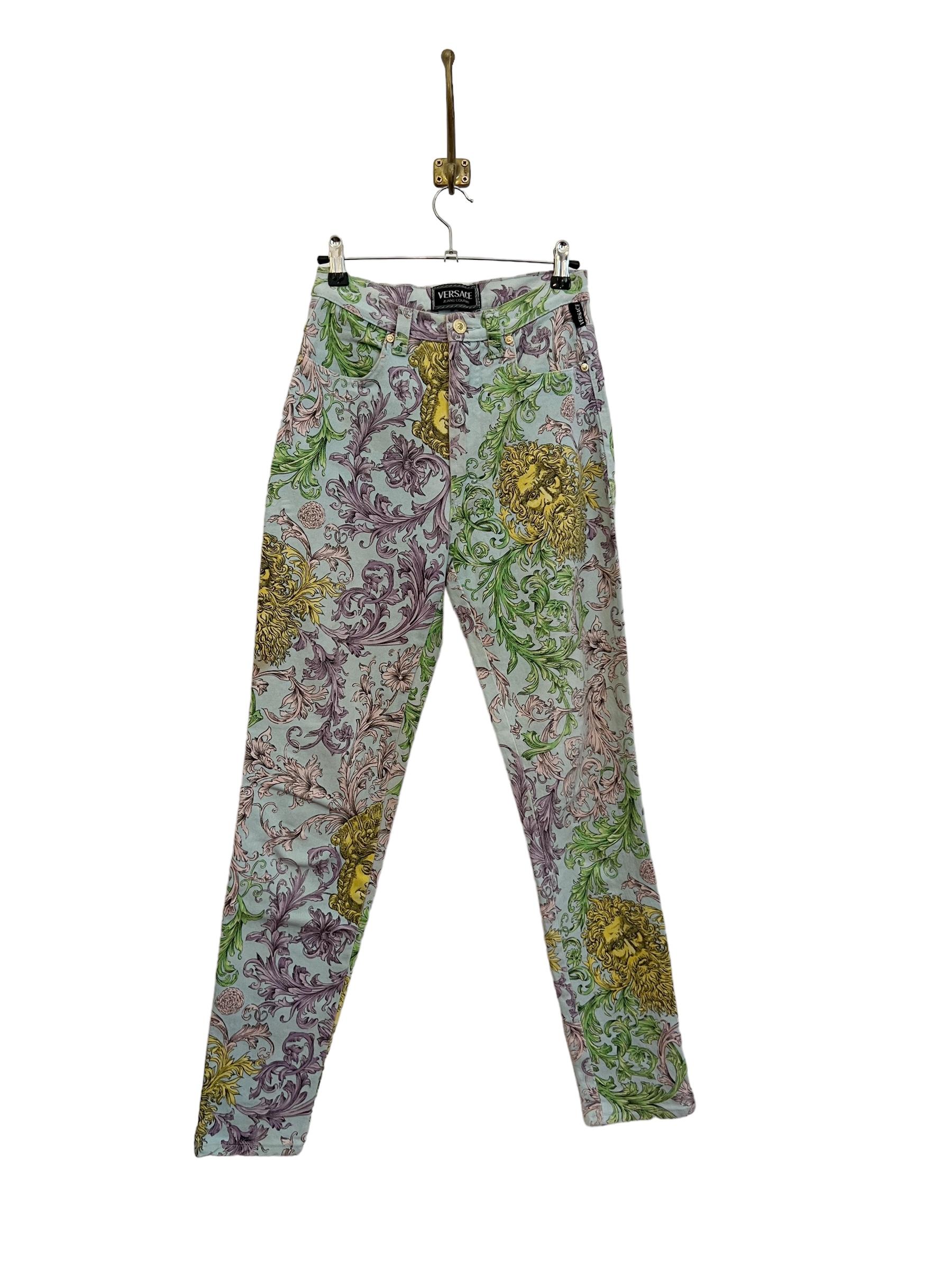Pastel 1990's Vintage Gianni Versace Baroque Rococo High Waisted Jeans  In Good Condition For Sale In Sheffield, GB